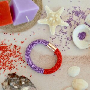 Metallic Violet Red Seed Bead Crochet Bracelet Thick Bangle Bicolor Boho Magnetic Clasp Woman Armband Handmade Yoga Geometric Crocheted Rope