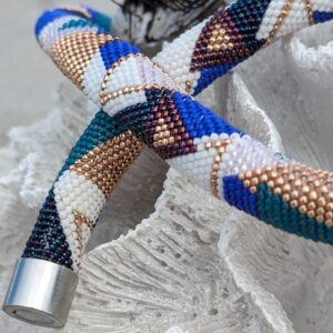 White Blue Golden Statement Necklace Crochet Rope Casual Abstract Geometric Choker with TOHO Beads Magnetic Clasp Boho Beadwork Luxury Gift