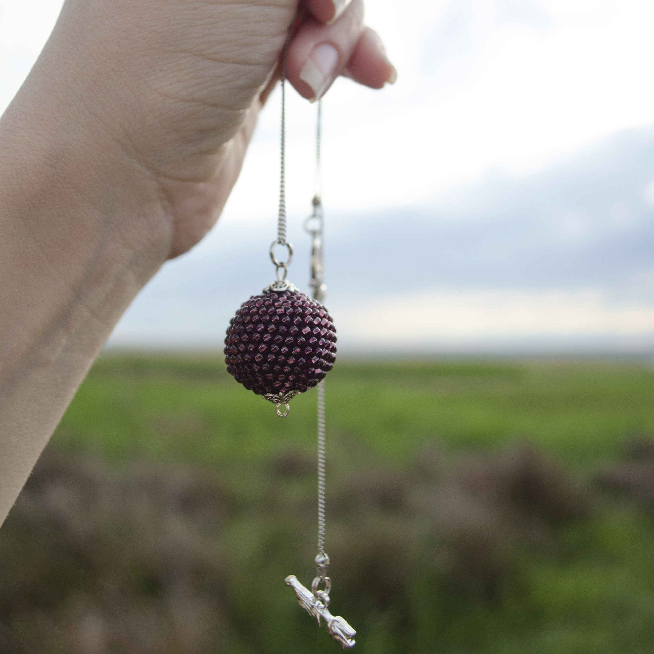 Violet Ball Pendant 25mm Crochet Seed Bead Sphere on Chain Large Round Beaded Solid Burgundi Big Pendant Necklace with Cute Toggle Clasp