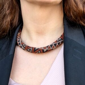 Dark Brown Golden Zig-Zag Statement Necklace Crochet Rope Bold Ethnic Unique Goddess Thick Handwoven Choker with Glass Made Beads Boho Style