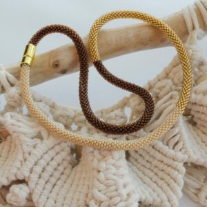 Beaded Jewelry Set 2 in 1 Gorgeous Asymmetrical Golden Brown Beige Necklace Crochet Rope Choker Seed Beaded Ball Earrings B-day Gift for Her
