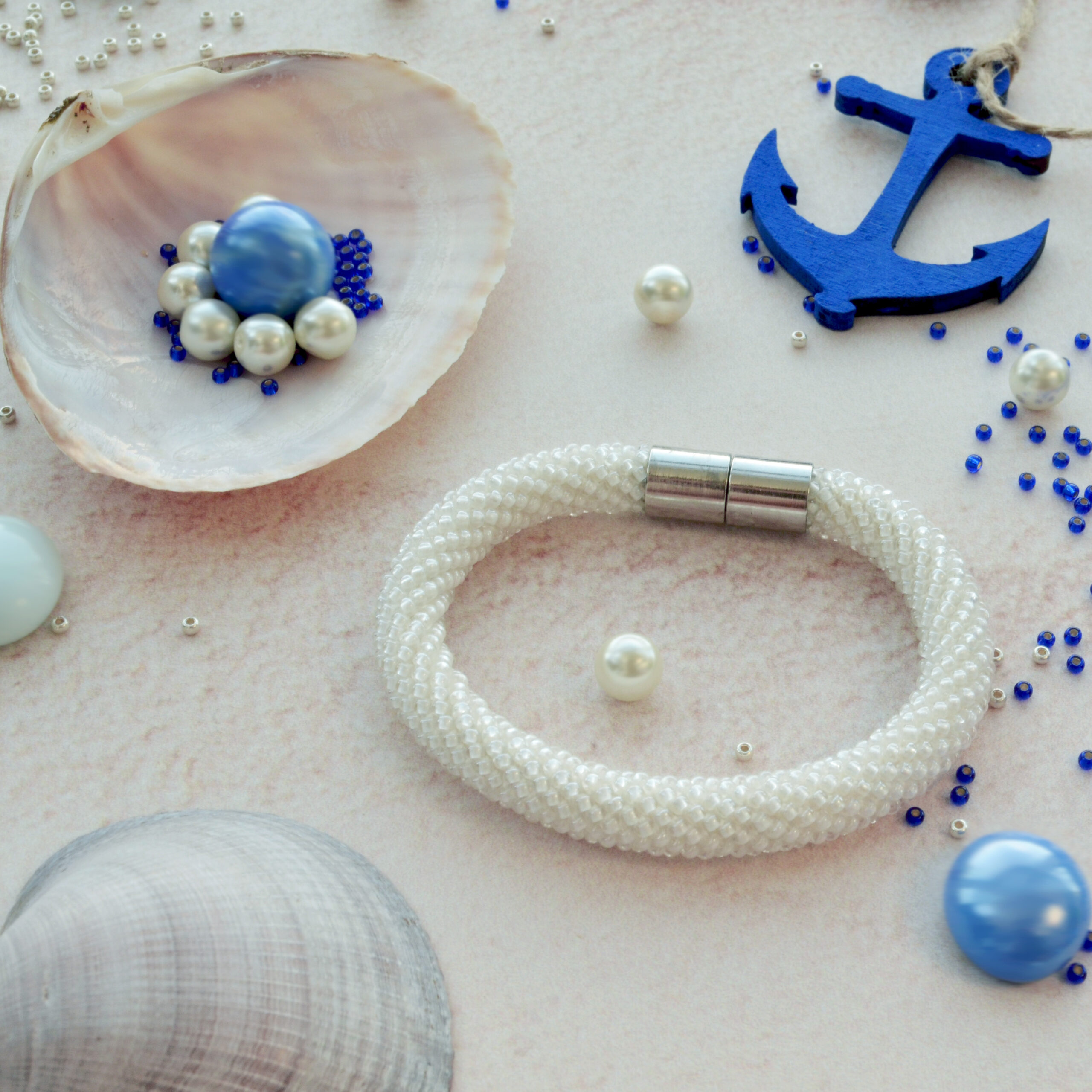 Set of 2 White Glass Bead Ball Pendant and Crochet 1 Wrap Bracelet; Chain with Pearl 25mm and Solid Seed Beaded Bangle; Dainty Jewelry Gift - Image 5