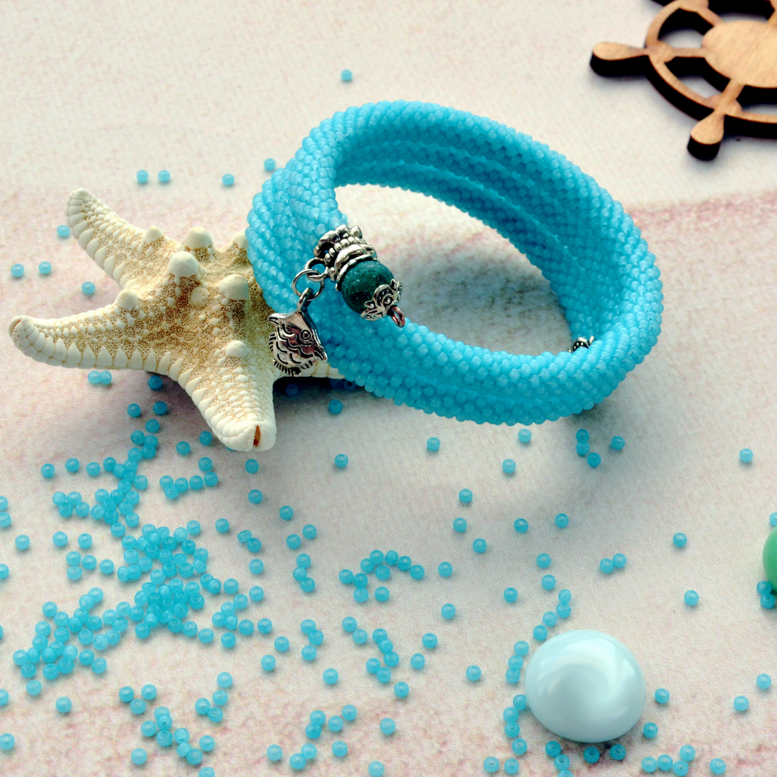 Aquamarine Seed Bead Memory Wire Bracelet Crochet Beaded Light Blue Bangle Marine Charm Stack Bracelet Crochet Handwoven 3 Wrap Bracelet - Image 8