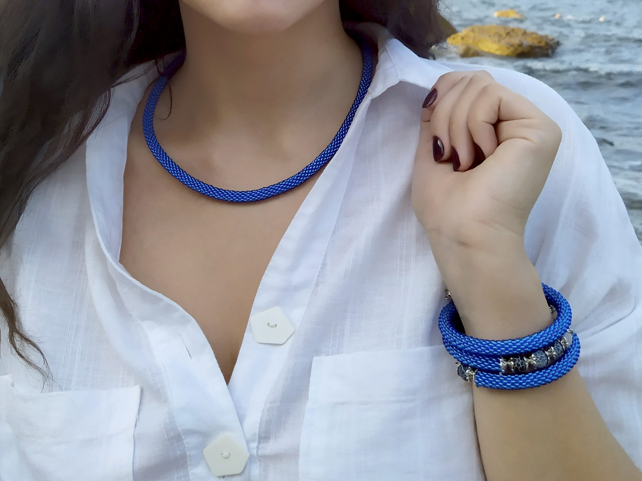 Denim Blue Jewelry Set 2 in 1 Memory Wire Bracelet Crochet Necklace Rope Cobalt Blue Bangle Agate Beads 3 Wrap Bracelet Fancy Gift for Woman - Image 2