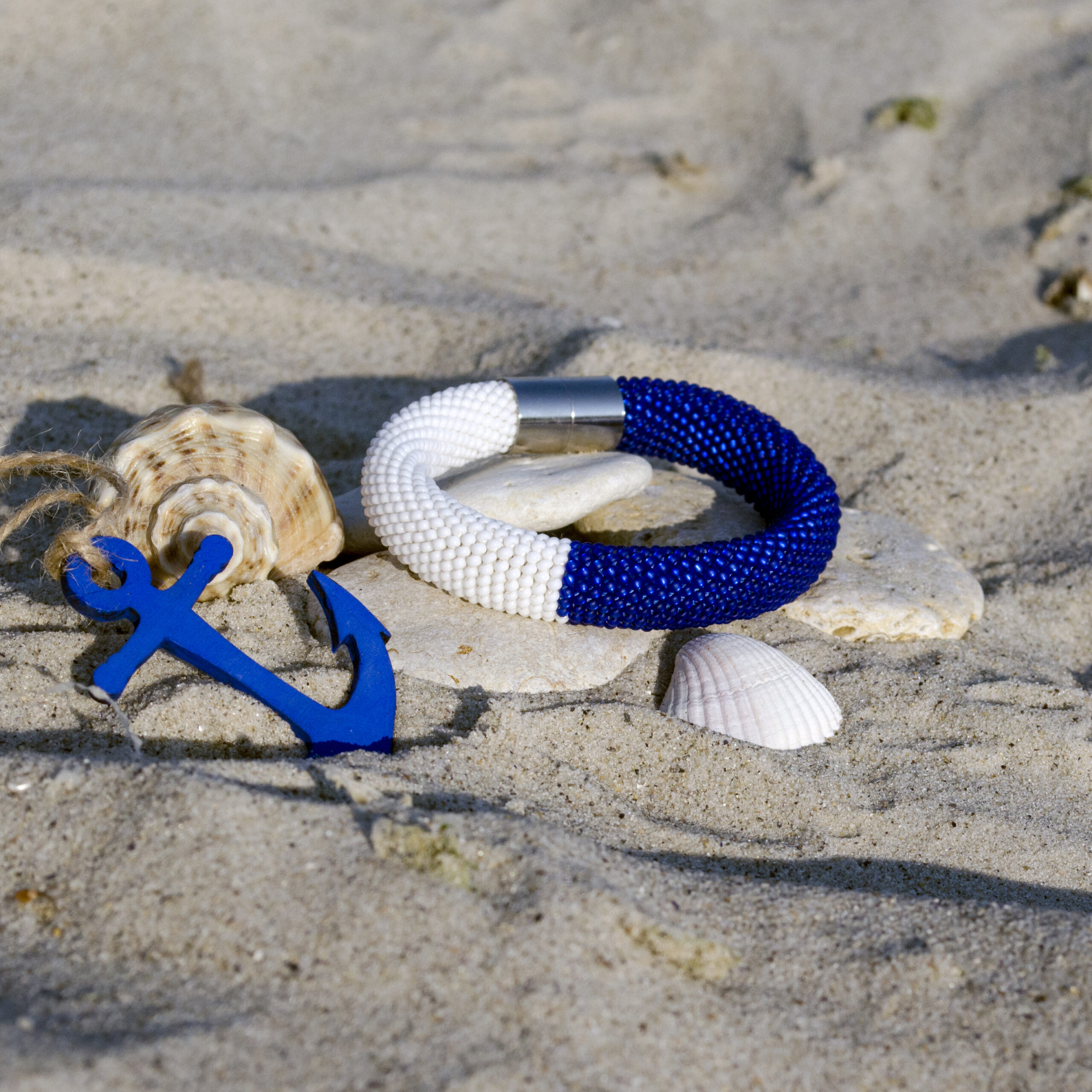 White Matte Royal Blue Seed Bead Crocheted Bangle Thick Bracelet Bicolor Magnetic Clasp Handwoven Elegant Classic Delicate Boho Gift for Her - Image 12