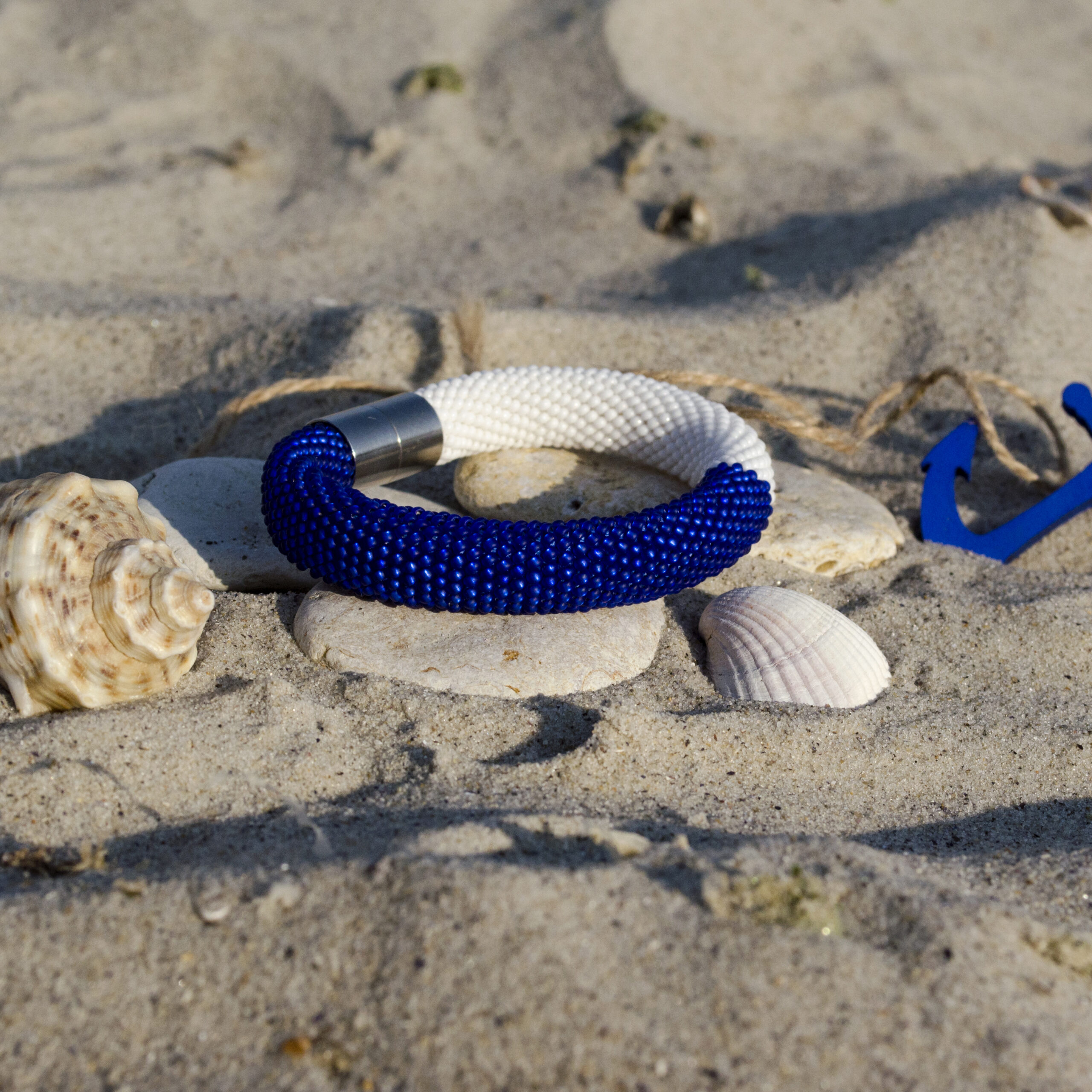 White Matte Royal Blue Seed Bead Crocheted Bangle Thick Bracelet Bicolor Magnetic Clasp Handwoven Elegant Classic Delicate Boho Gift for Her - Image 11