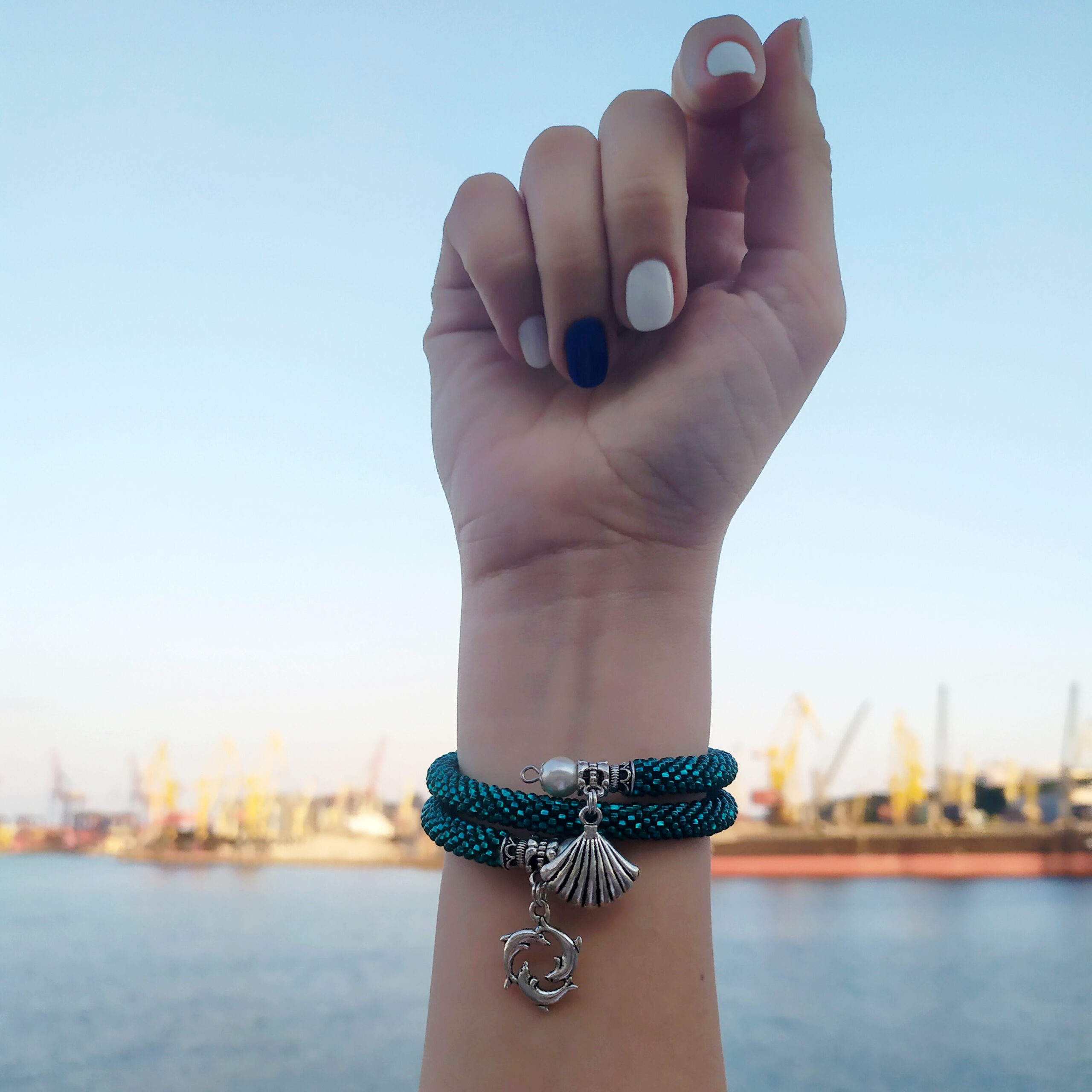 Teal Blue Bracelet Memory Wire Crochet Beaded Turquoise Bangle 2 Wrap Bracelet Marine Pendant Seed Bead Bracelet Beaded Armband Crochet Rope - Image 9