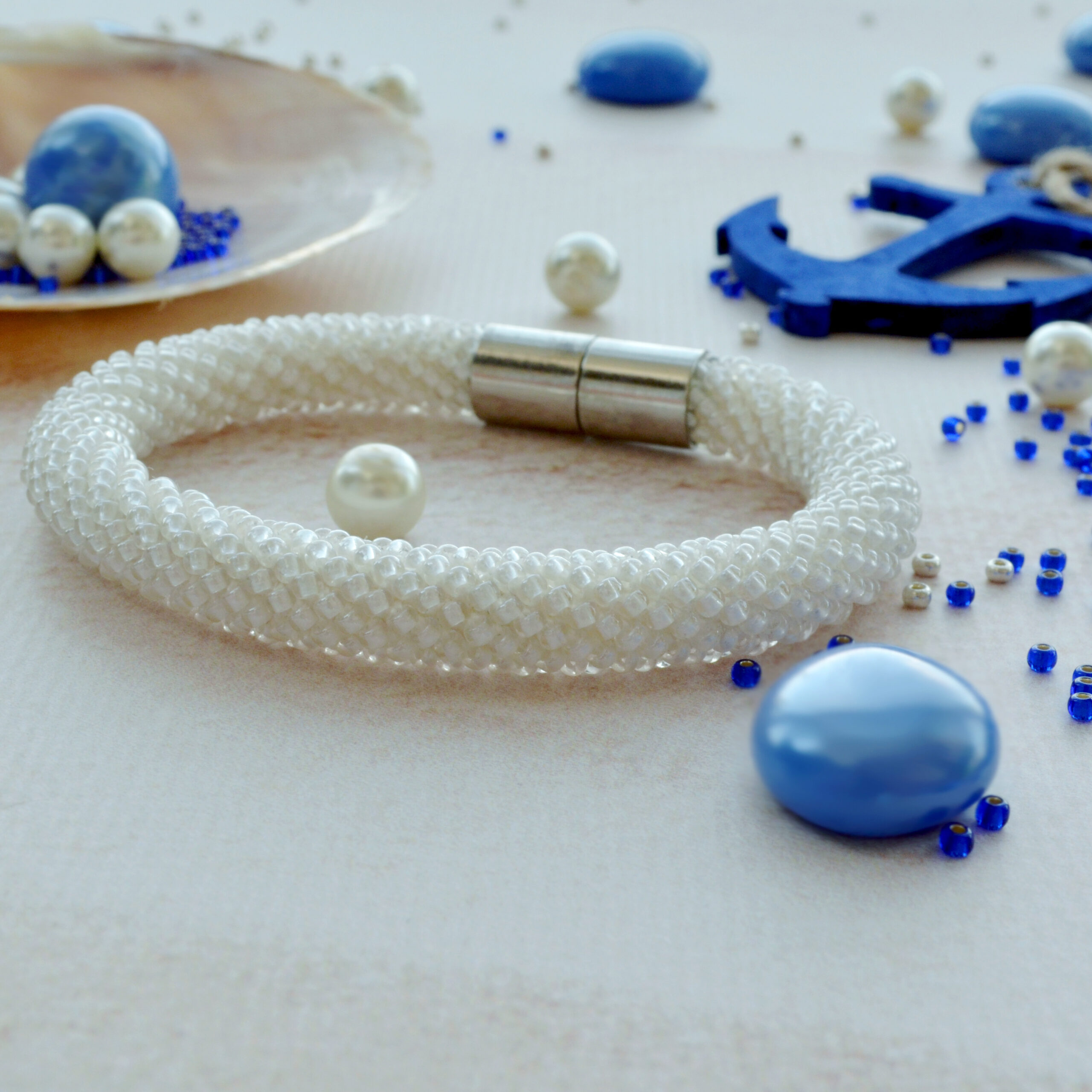 Set of 2 White Glass Bead Ball Pendant and Crochet 1 Wrap Bracelet; Chain with Pearl 25mm and Solid Seed Beaded Bangle; Dainty Jewelry Gift - Image 6