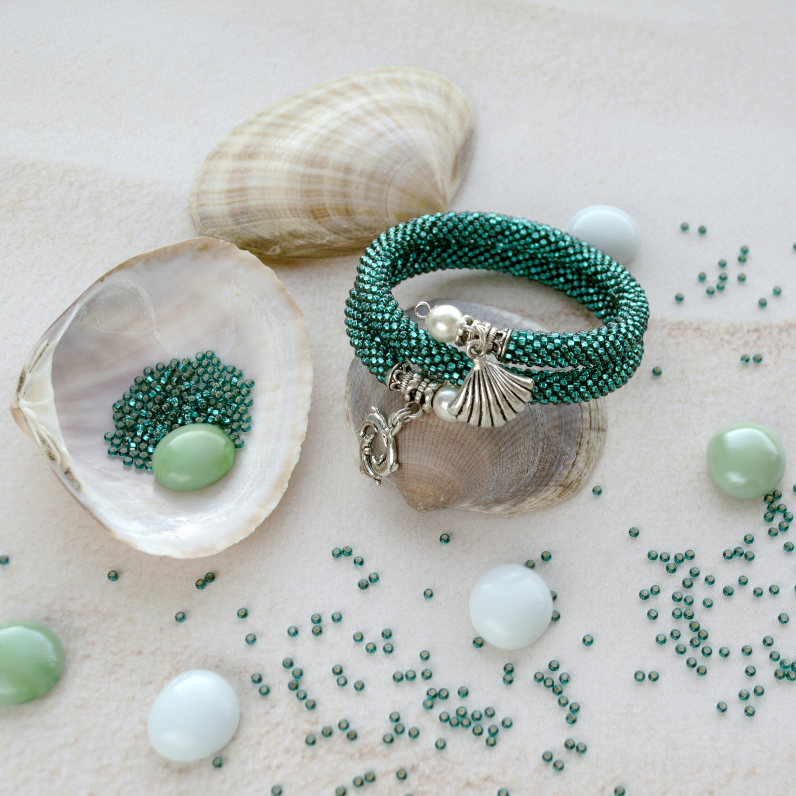 Teal Blue Bracelet Memory Wire Crochet Beaded Turquoise Bangle 2 Wrap Bracelet Marine Pendant Seed Bead Bracelet Beaded Armband Crochet Rope - Image 6