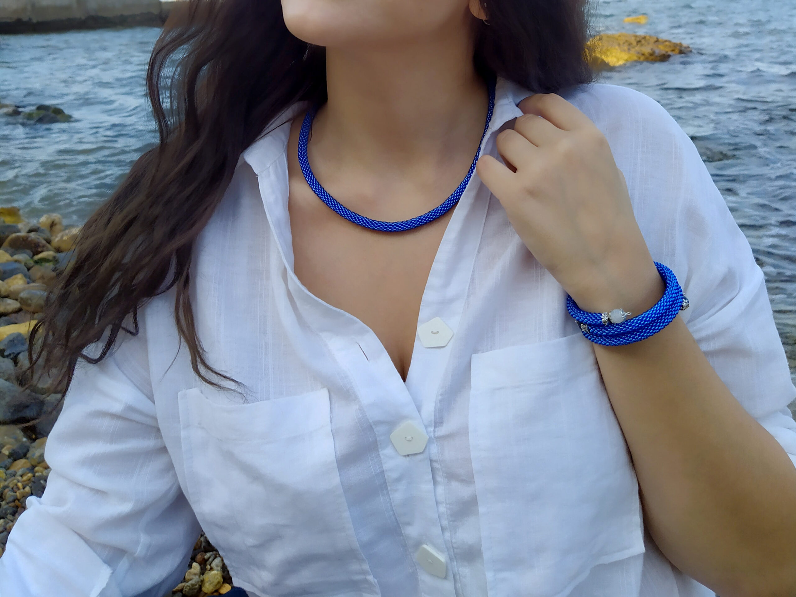 Denim Blue Jewelry Set 2 in 1 Memory Wire Bracelet Crochet Necklace Rope Cobalt Blue Bangle Agate Beads 3 Wrap Bracelet Fancy Gift for Woman - Image 3