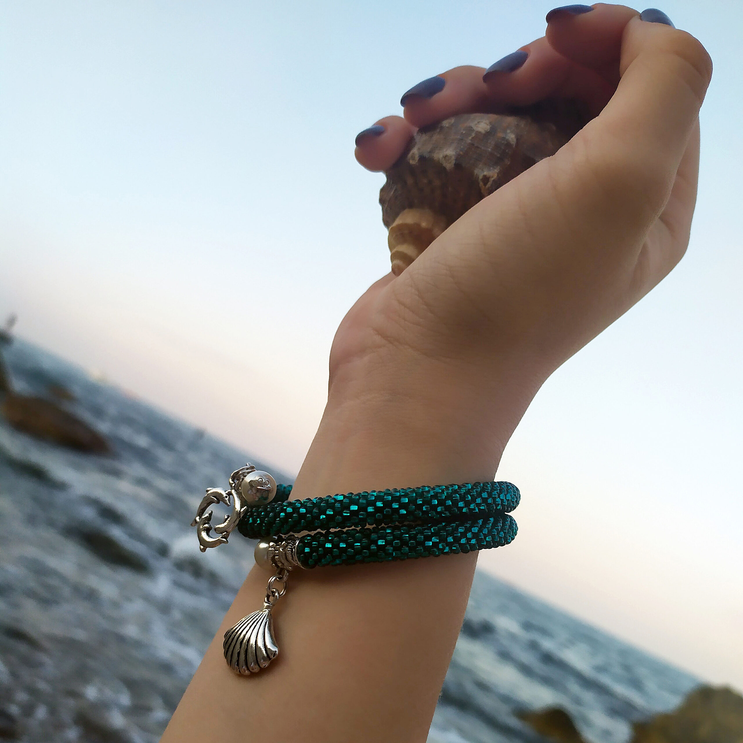 Teal Blue Bracelet Memory Wire Crochet Beaded Turquoise Bangle 2 Wrap Bracelet Marine Pendant Seed Bead Bracelet Beaded Armband Crochet Rope - Image 11