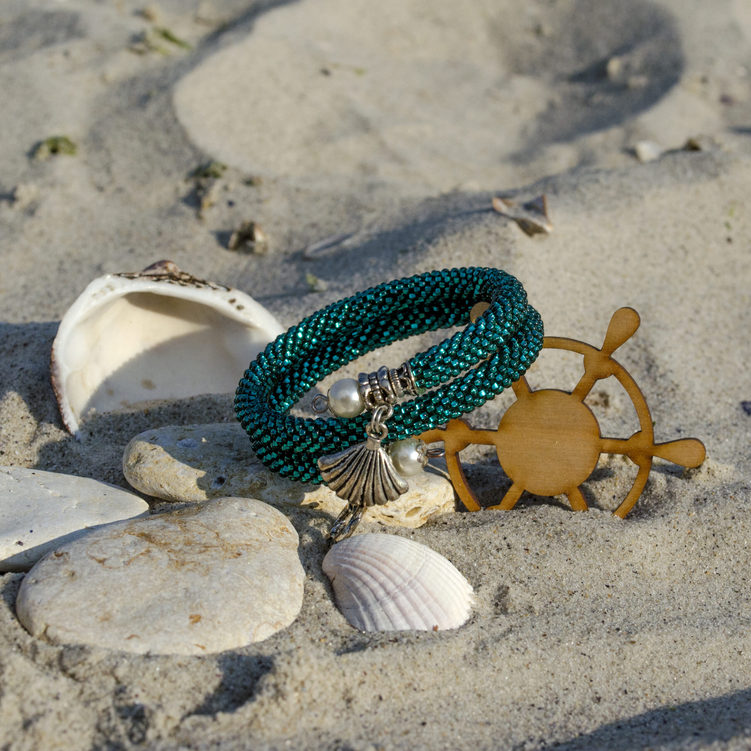 Teal Blue Bracelet Memory Wire Crochet Beaded Turquoise Bangle 2 Wrap Bracelet Marine Pendant Seed Bead Bracelet Beaded Armband Crochet Rope - Image 12