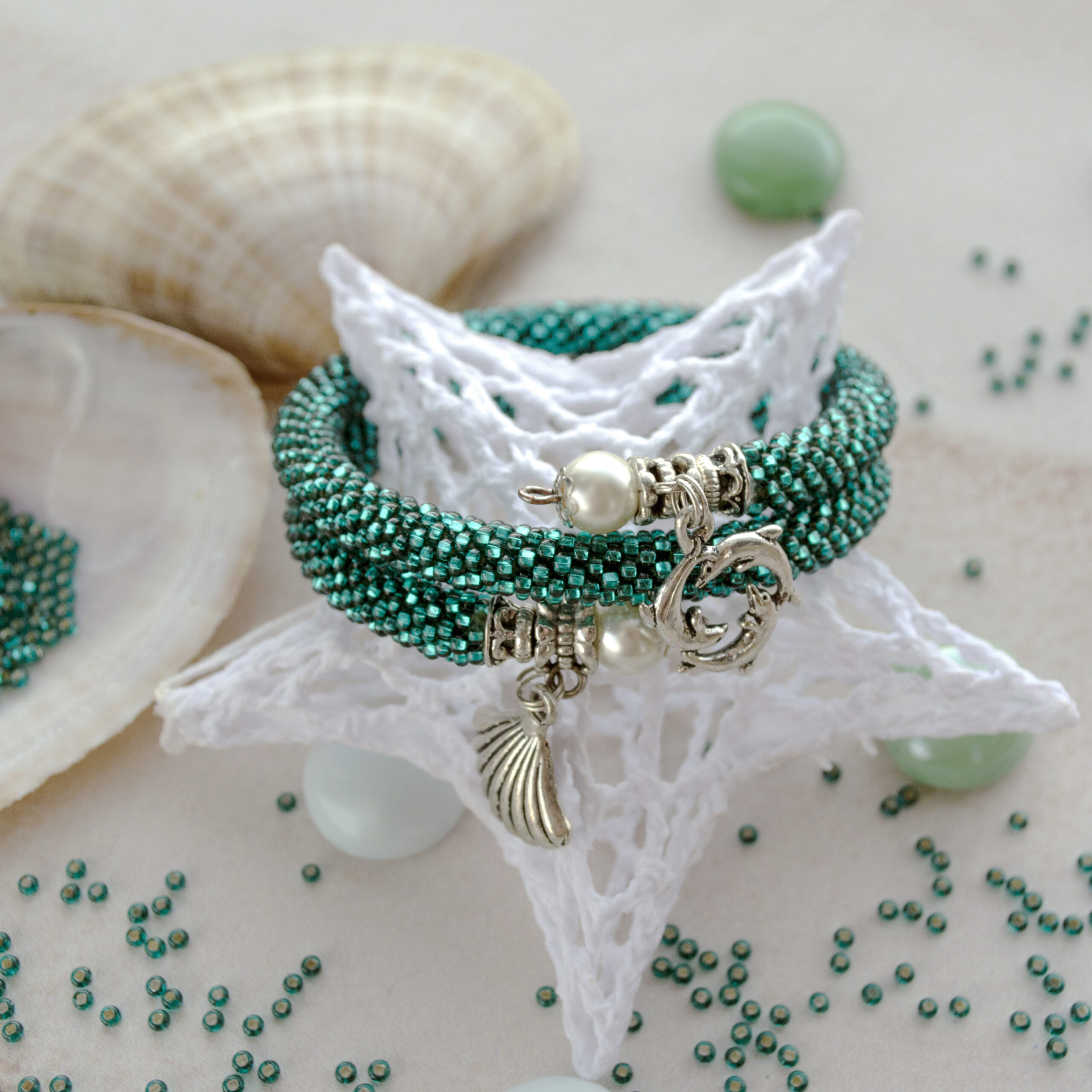 Teal Blue Bracelet Memory Wire Crochet Beaded Turquoise Bangle 2 Wrap Bracelet Marine Pendant Seed Bead Bracelet Beaded Armband Crochet Rope - Image 7