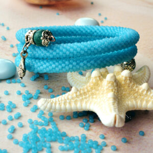 Aquamarine Seed Bead Memory Wire Bracelet Crochet Beaded Light Blue Bangle Marine Charm