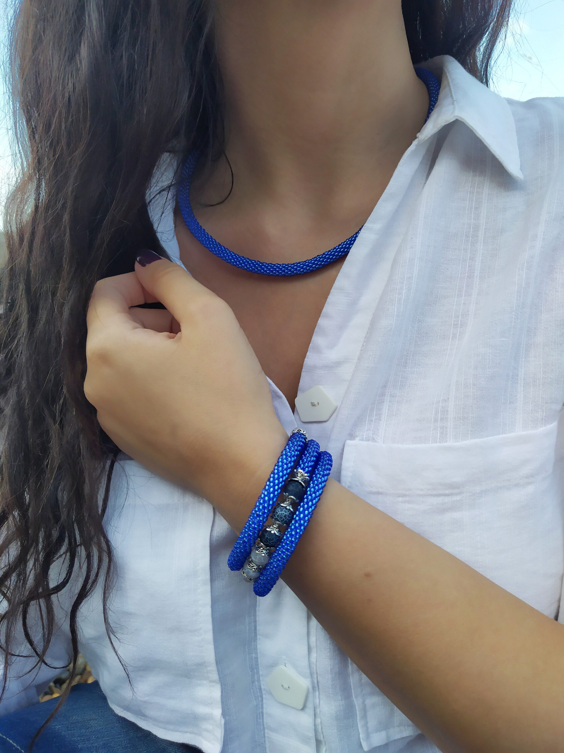 Denim Blue Jewelry Set 2 in 1 Memory Wire Bracelet Crochet Necklace Rope Cobalt Blue Bangle Agate Beads 3 Wrap Bracelet Fancy Gift for Woman - Image 4