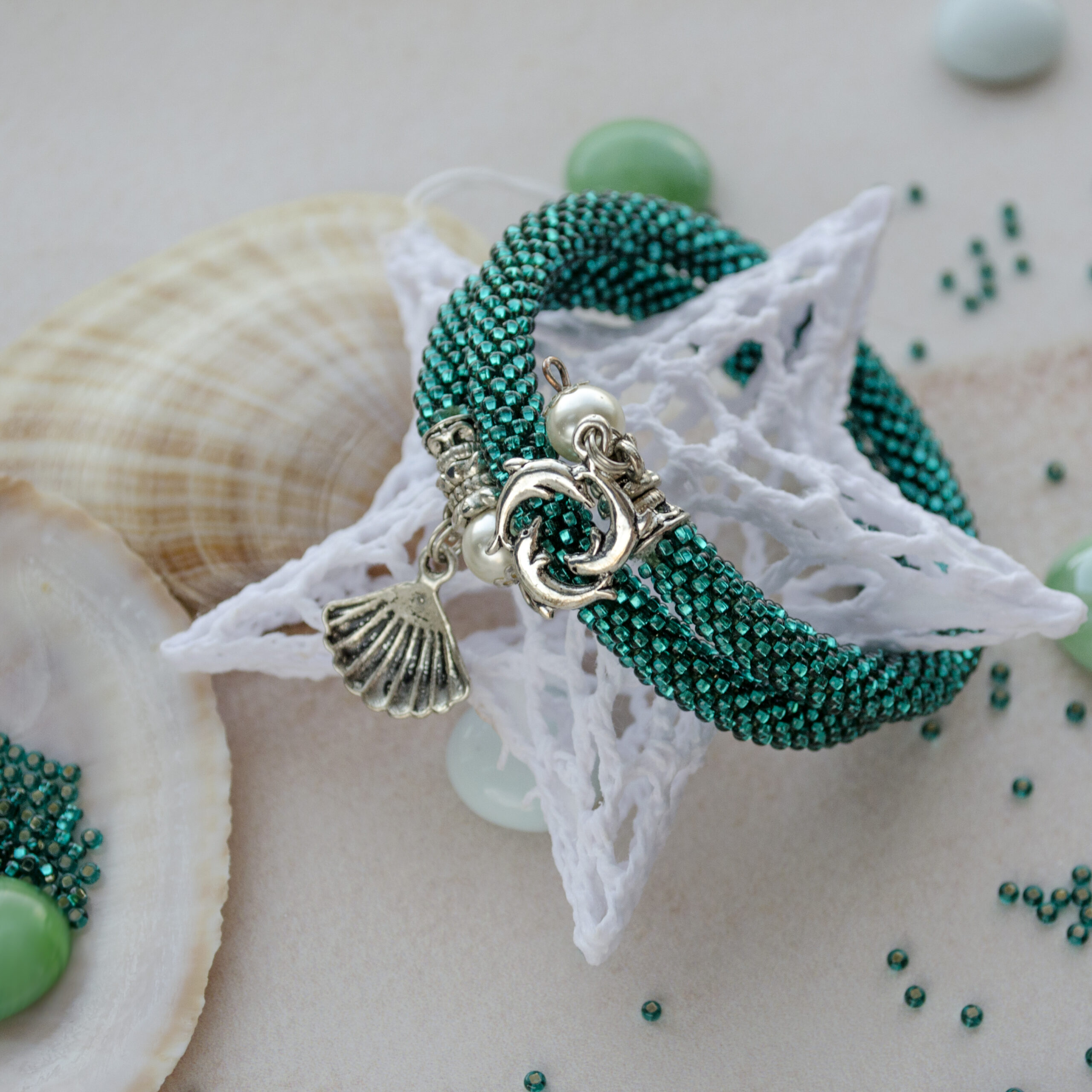 Teal Blue Bracelet Memory Wire Crochet Beaded Turquoise Bangle 2 Wrap Bracelet Marine Pendant Seed Bead Bracelet Beaded Armband Crochet Rope - Image 8