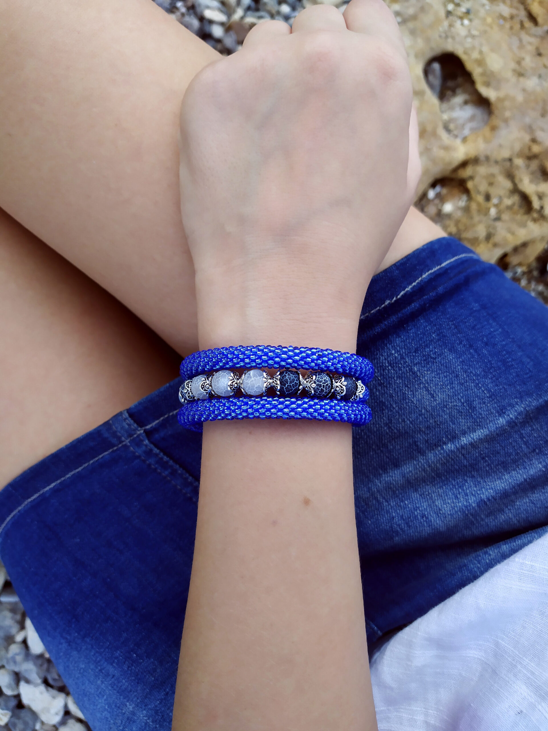 Denim Blue Jewelry Set 2 in 1 Memory Wire Bracelet Crochet Necklace Rope Cobalt Blue Bangle Agate Beads 3 Wrap Bracelet Fancy Gift for Woman - Image 11
