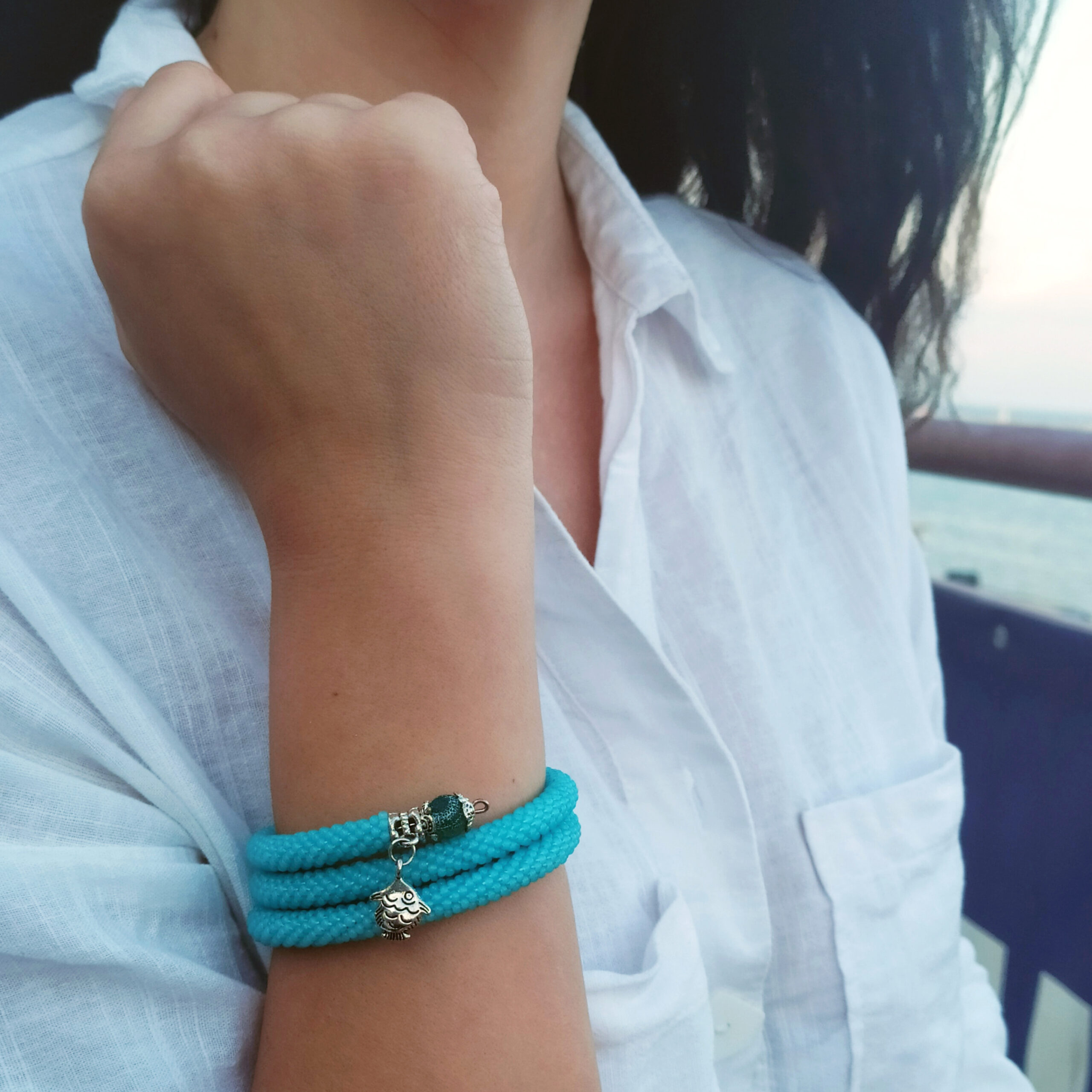 Aquamarine Seed Bead Memory Wire Bracelet Crochet Beaded Light Blue Bangle Marine Charm Stack Bracelet Crochet Handwoven 3 Wrap Bracelet - Image 7