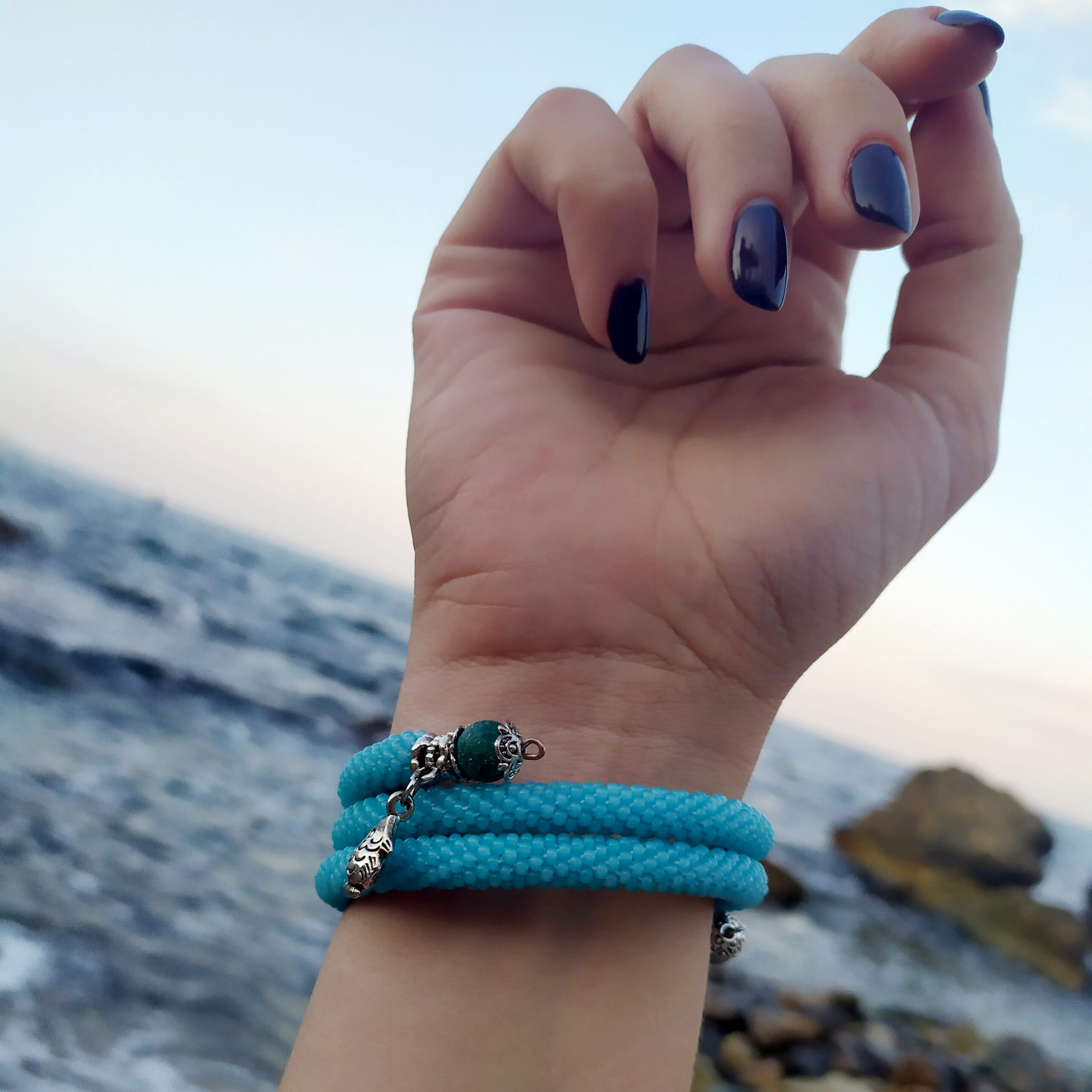 Aquamarine Seed Bead Memory Wire Bracelet Crochet Beaded Light Blue Bangle Marine Charm Stack Bracelet Crochet Handwoven 3 Wrap Bracelet - Image 6