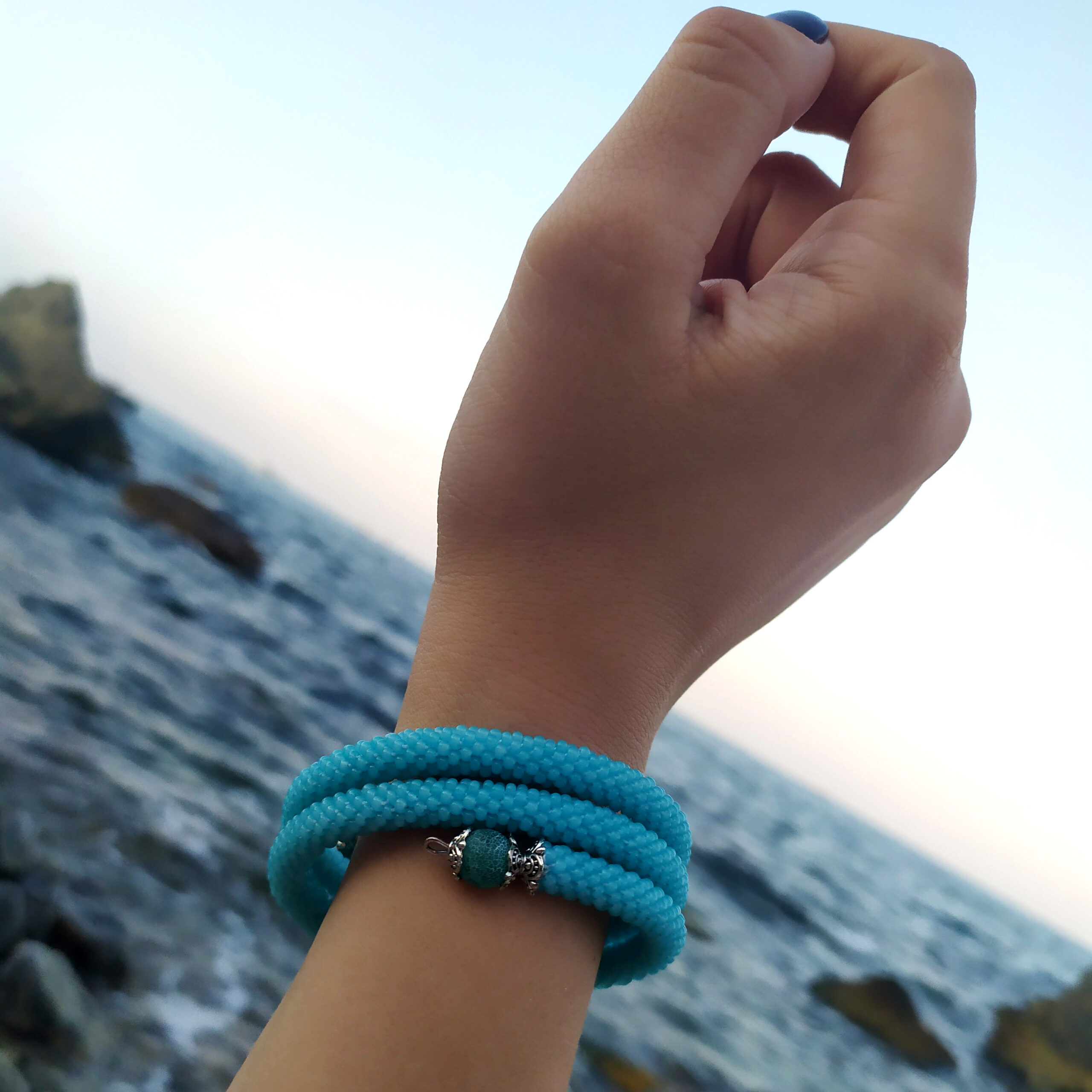 Aquamarine Seed Bead Memory Wire Bracelet Crochet Beaded Light Blue Bangle Marine Charm Stack Bracelet Crochet Handwoven 3 Wrap Bracelet - Image 5