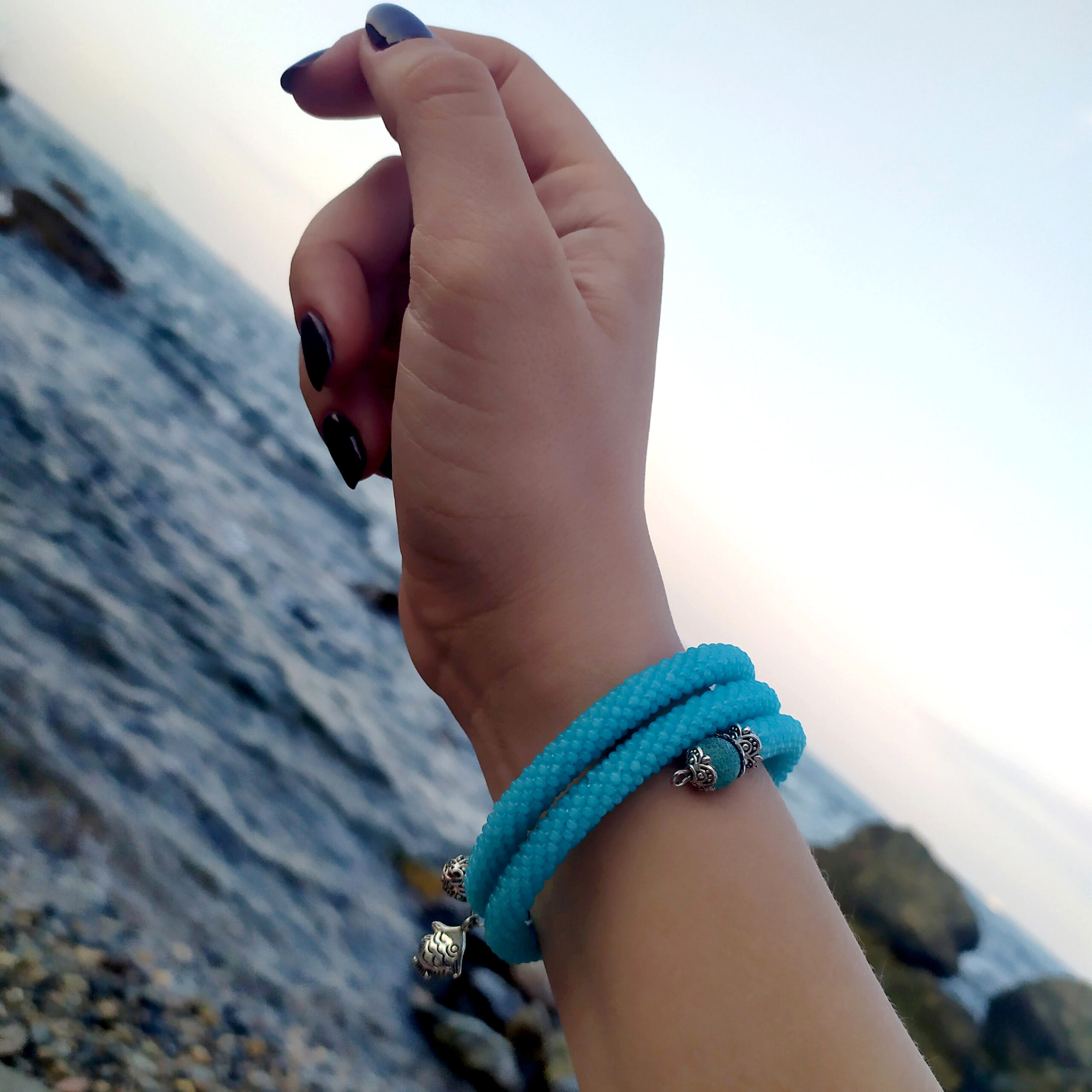 Aquamarine Seed Bead Memory Wire Bracelet Crochet Beaded Light Blue Bangle Marine Charm Stack Bracelet Crochet Handwoven 3 Wrap Bracelet - Image 4