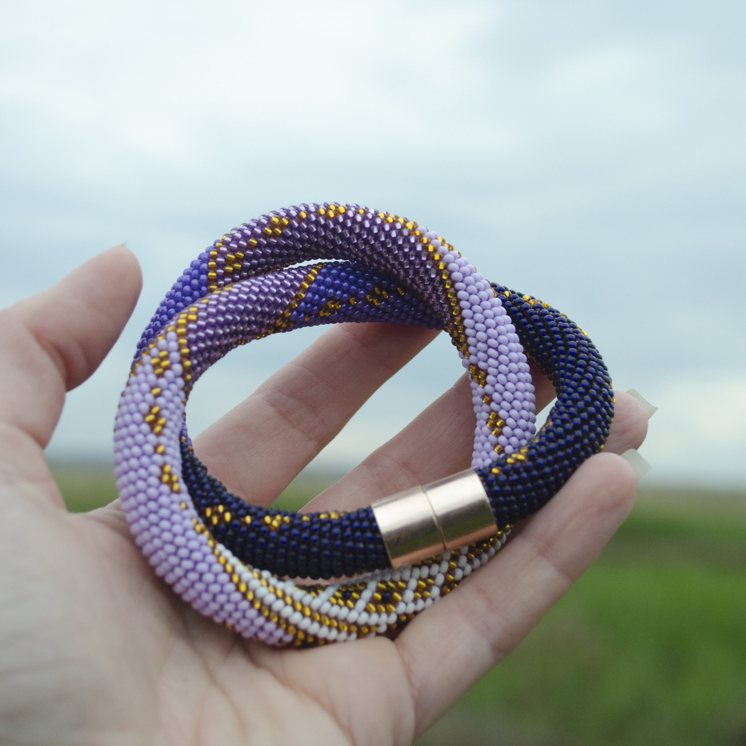 Set of 2 Violet Golden Glass Bead Necklace and Triangle Geometric Earrings Crochet Choker with Czech Seed Beads Magnetic Clasp Eco Jewelry - Image 10