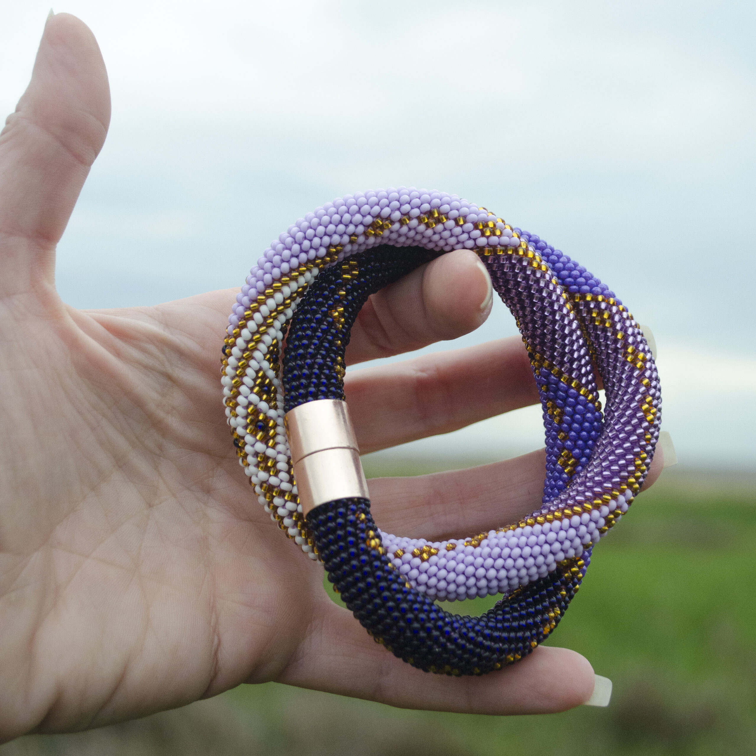 Set of 2 Violet Golden Glass Bead Necklace and Triangle Geometric Earrings Crochet Choker with Czech Seed Beads Magnetic Clasp Eco Jewelry - Image 11