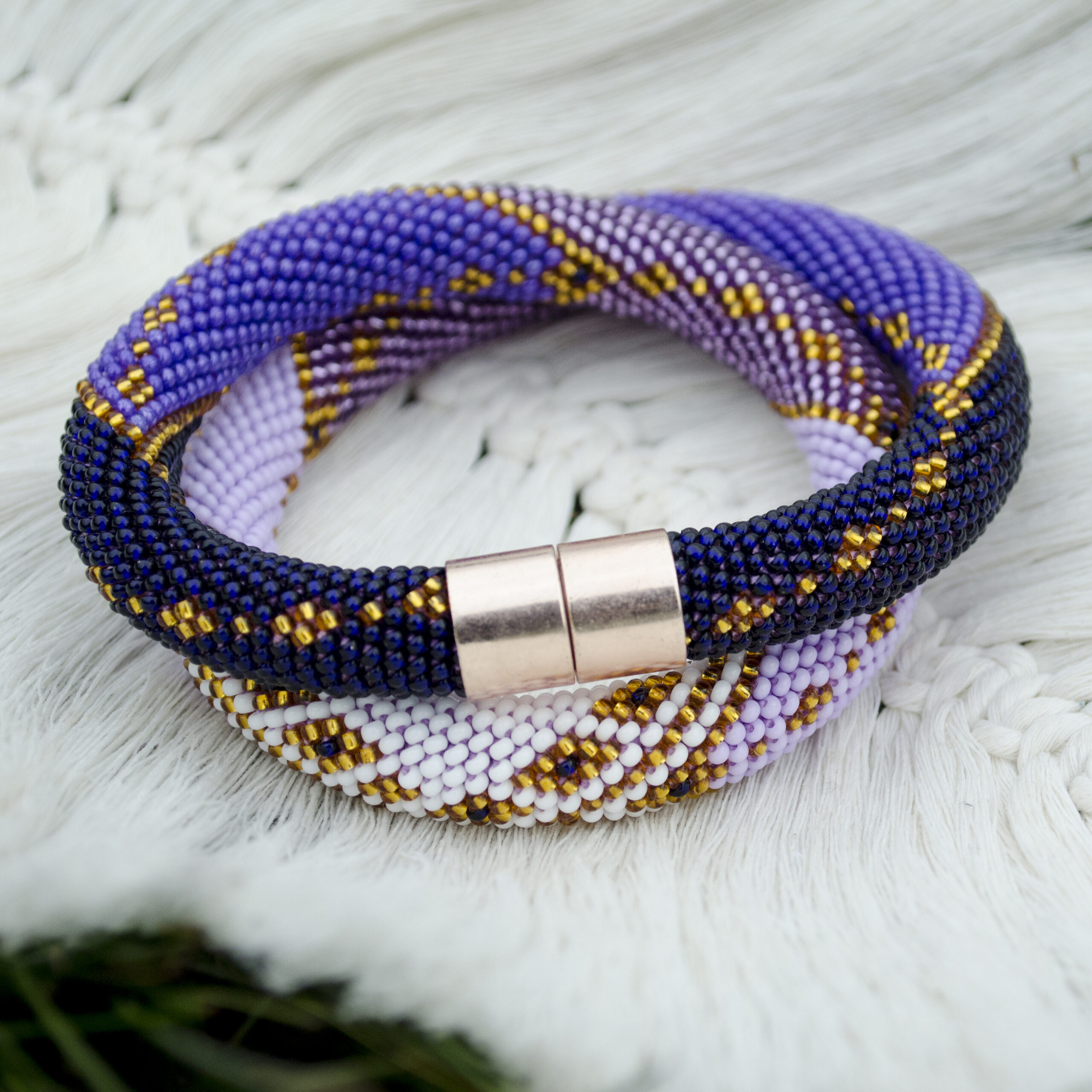 Set of 2 Violet Golden Glass Bead Necklace and Triangle Geometric Earrings Crochet Choker with Czech Seed Beads Magnetic Clasp Eco Jewelry - Image 12