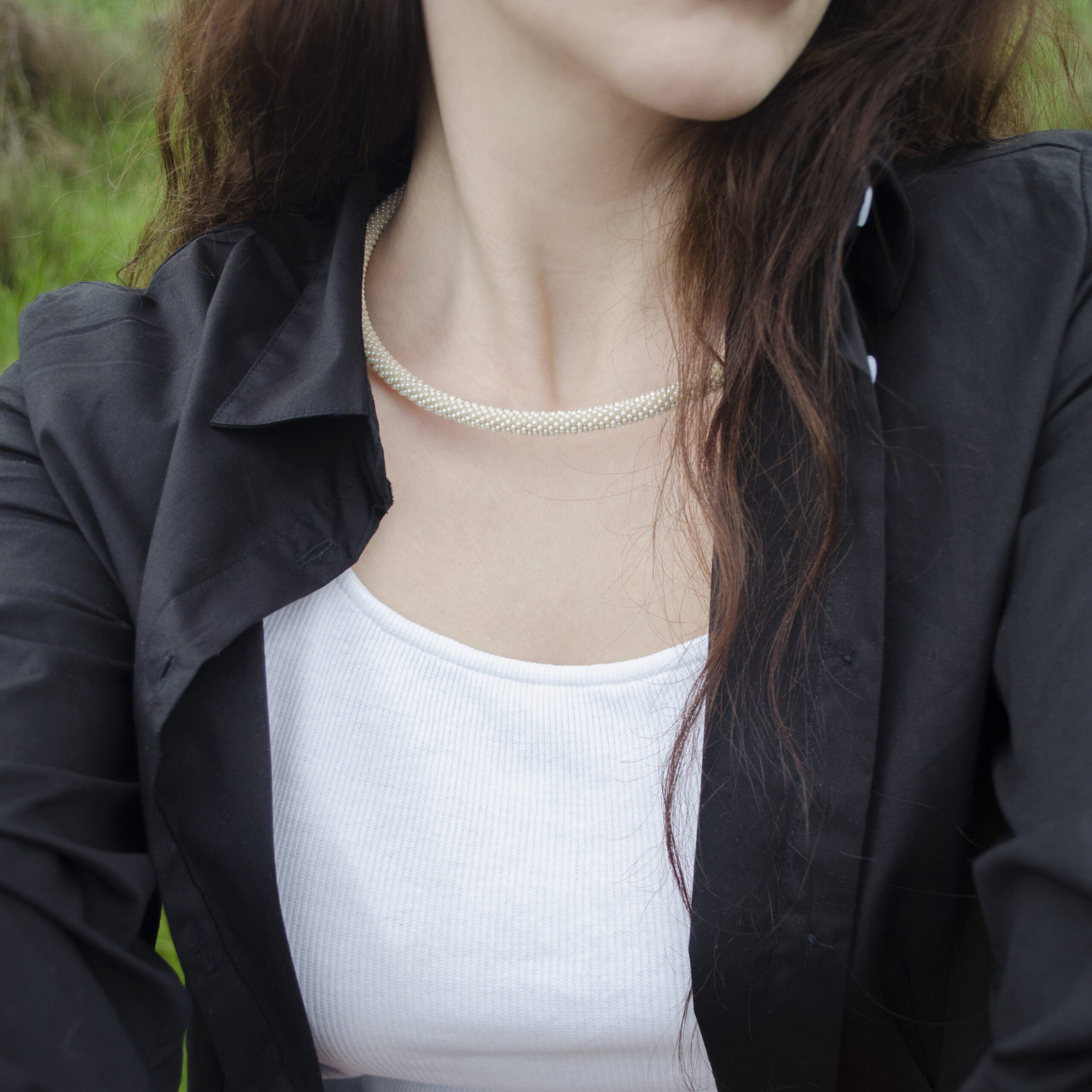 Beige Thin Necklace Nude Memory Wire Choker Seed Beaded Ivory Cream Necklace Minimalist Choker Crochet Sand Rope Delicate Daisy Neck Piece - Image 2