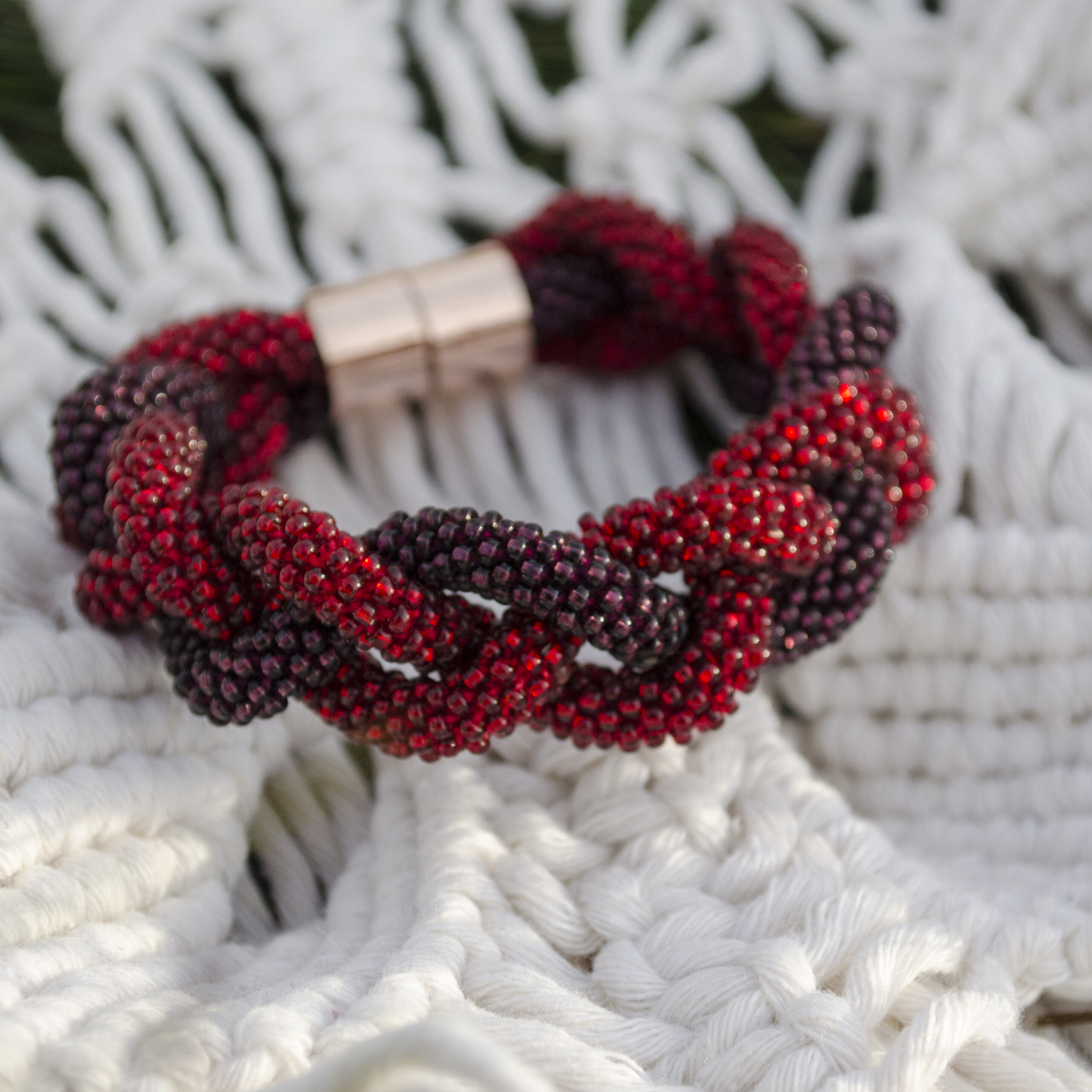 Red Violet Purple Braided Bracelet Seed Beaded Elegant Crochet Bangle Bicolor Magnetic Clasp Woman Festive Armband Handmade Crocheted Rope - Image 7
