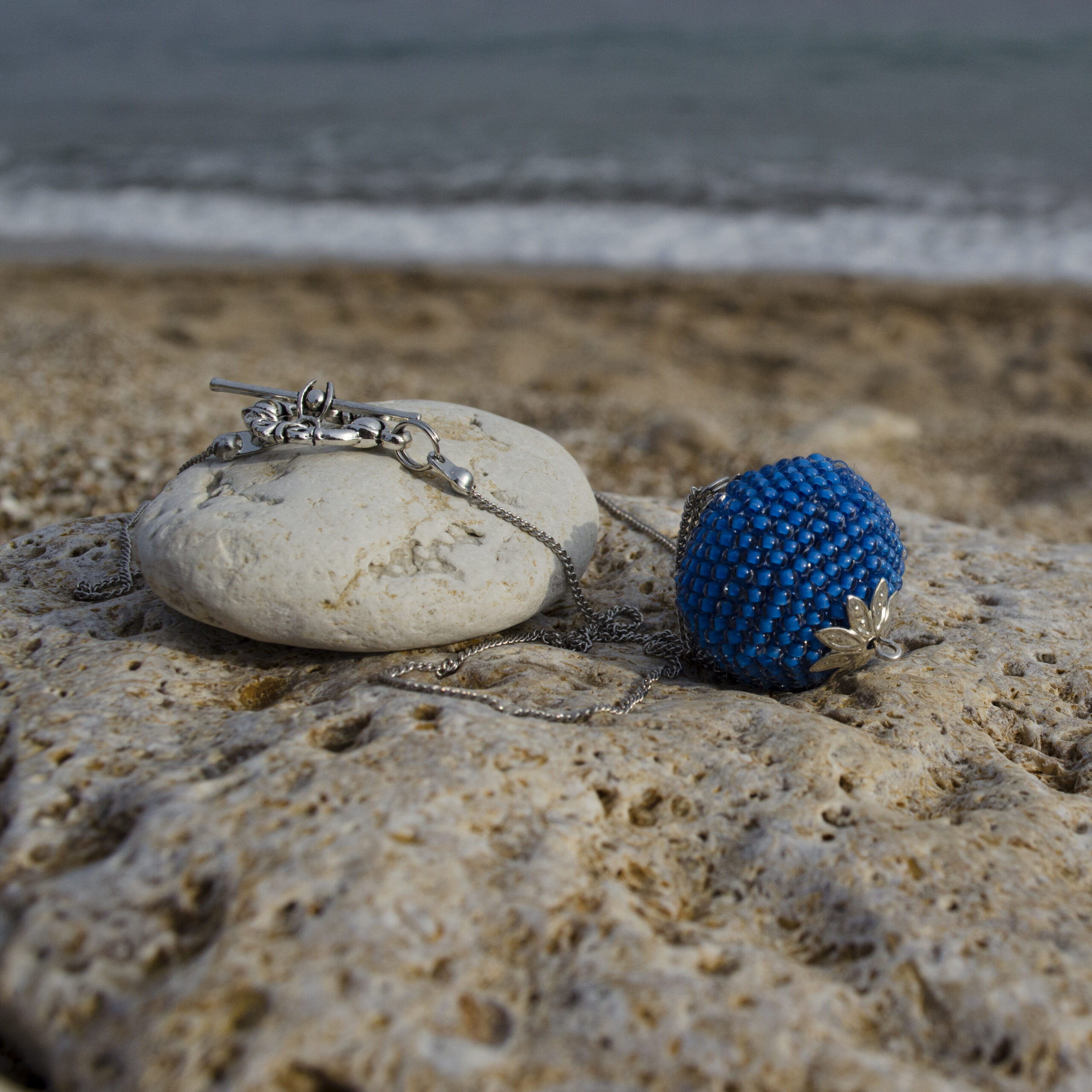 Ball Pendant Blue Crochet Seed Bead 25mm Sphere on Chain Large Round Beaded Solid Cobalt Blue Big Pendant Minimalist Necklace on Cute Toggle - Image 6