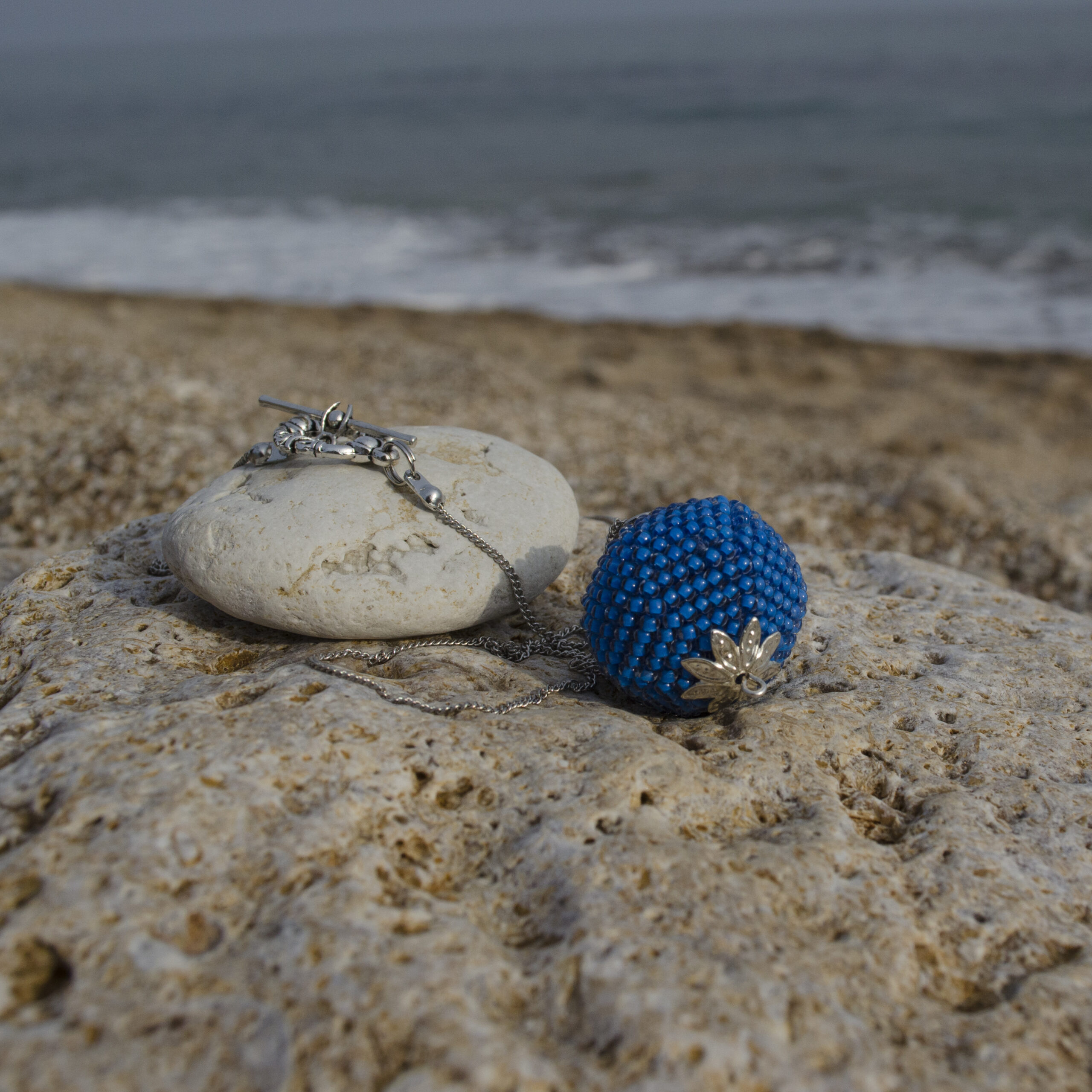 Ball Pendant Blue Crochet Seed Bead 25mm Sphere on Chain Large Round Beaded Solid Cobalt Blue Big Pendant Minimalist Necklace on Cute Toggle - Image 5