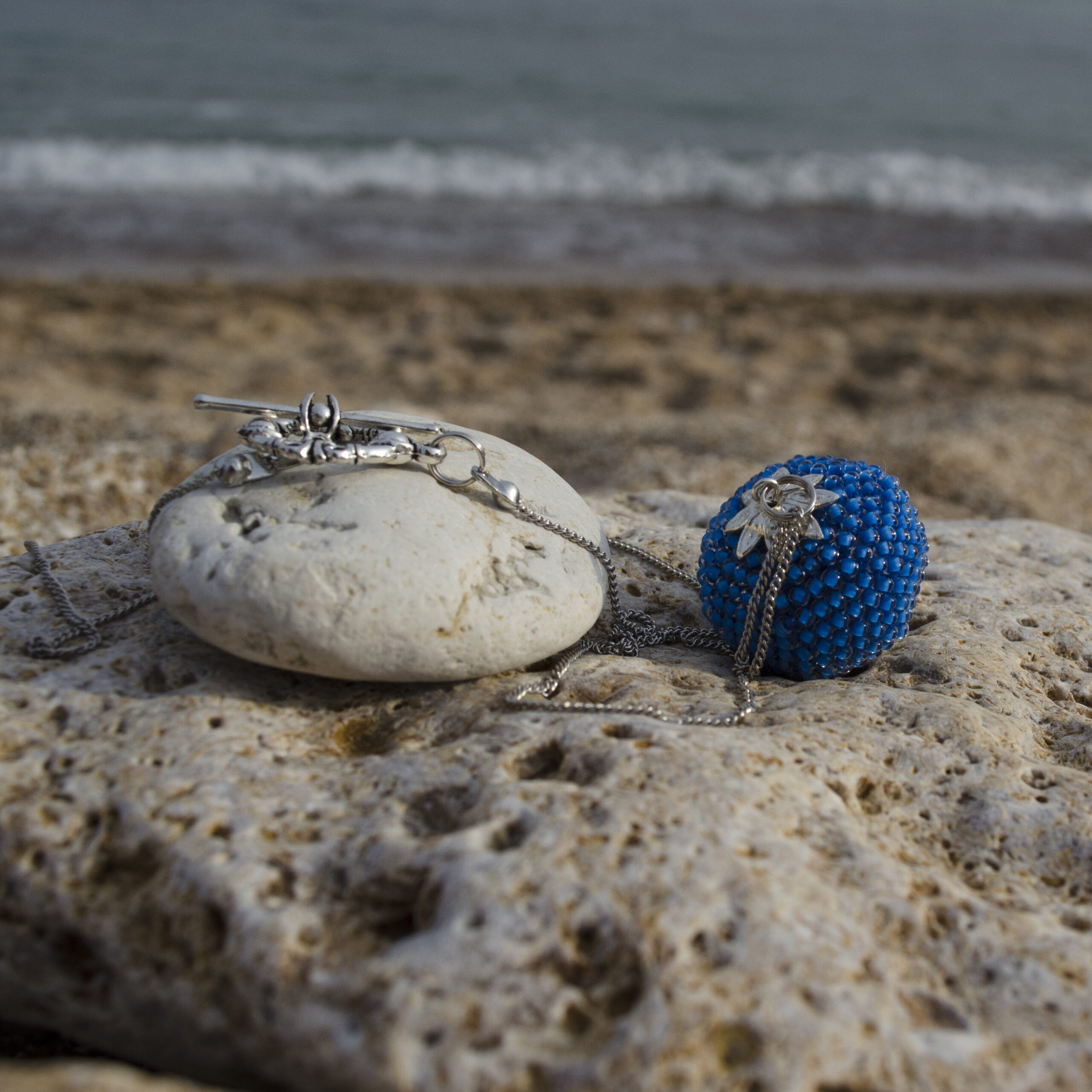 Ball Pendant Blue Crochet Seed Bead 25mm Sphere on Chain Large Round Beaded Solid Cobalt Blue Big Pendant Minimalist Necklace on Cute Toggle - Image 4