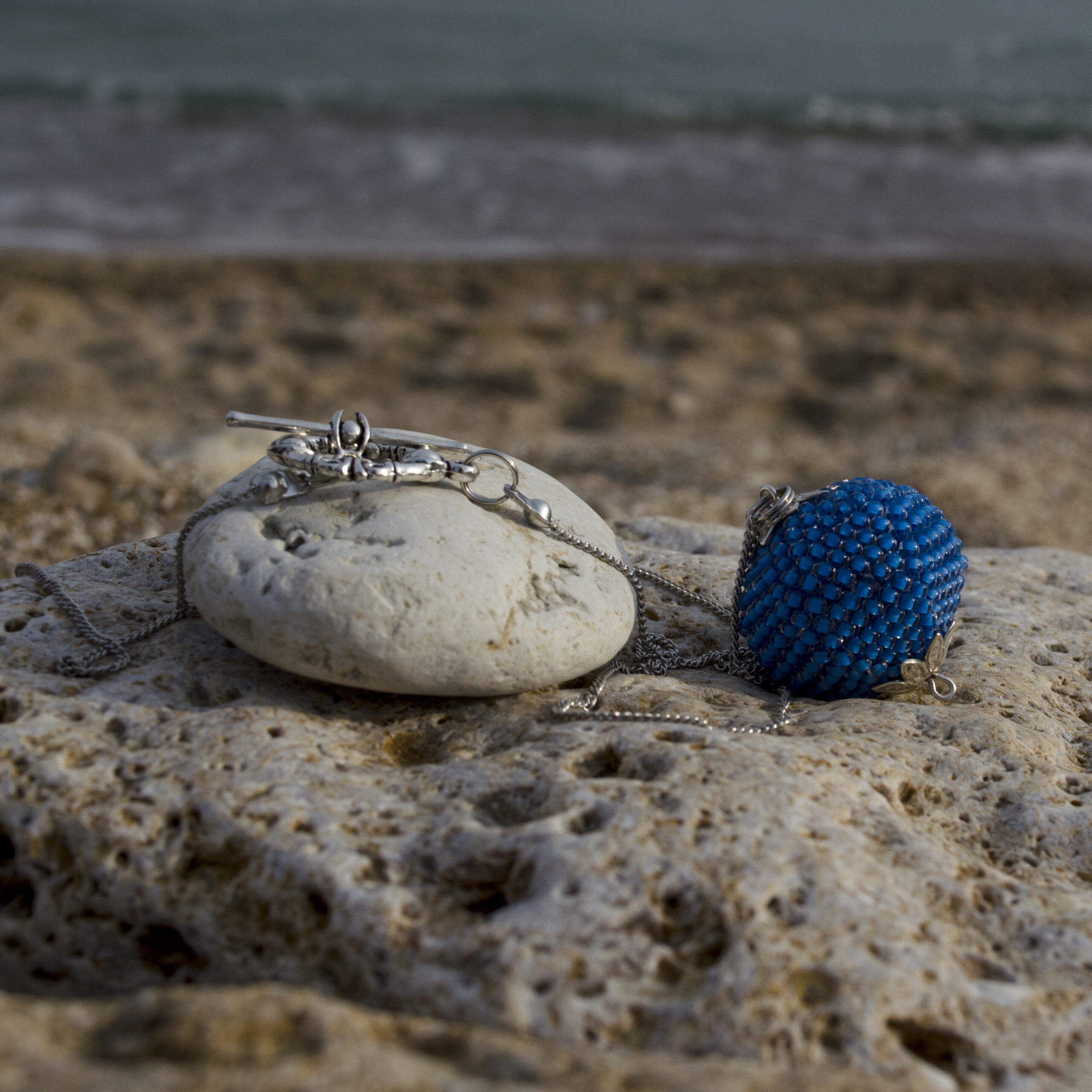 Ball Pendant Blue Crochet Seed Bead 25mm Sphere on Chain Large Round Beaded Solid Cobalt Blue Big Pendant Minimalist Necklace on Cute Toggle - Image 3