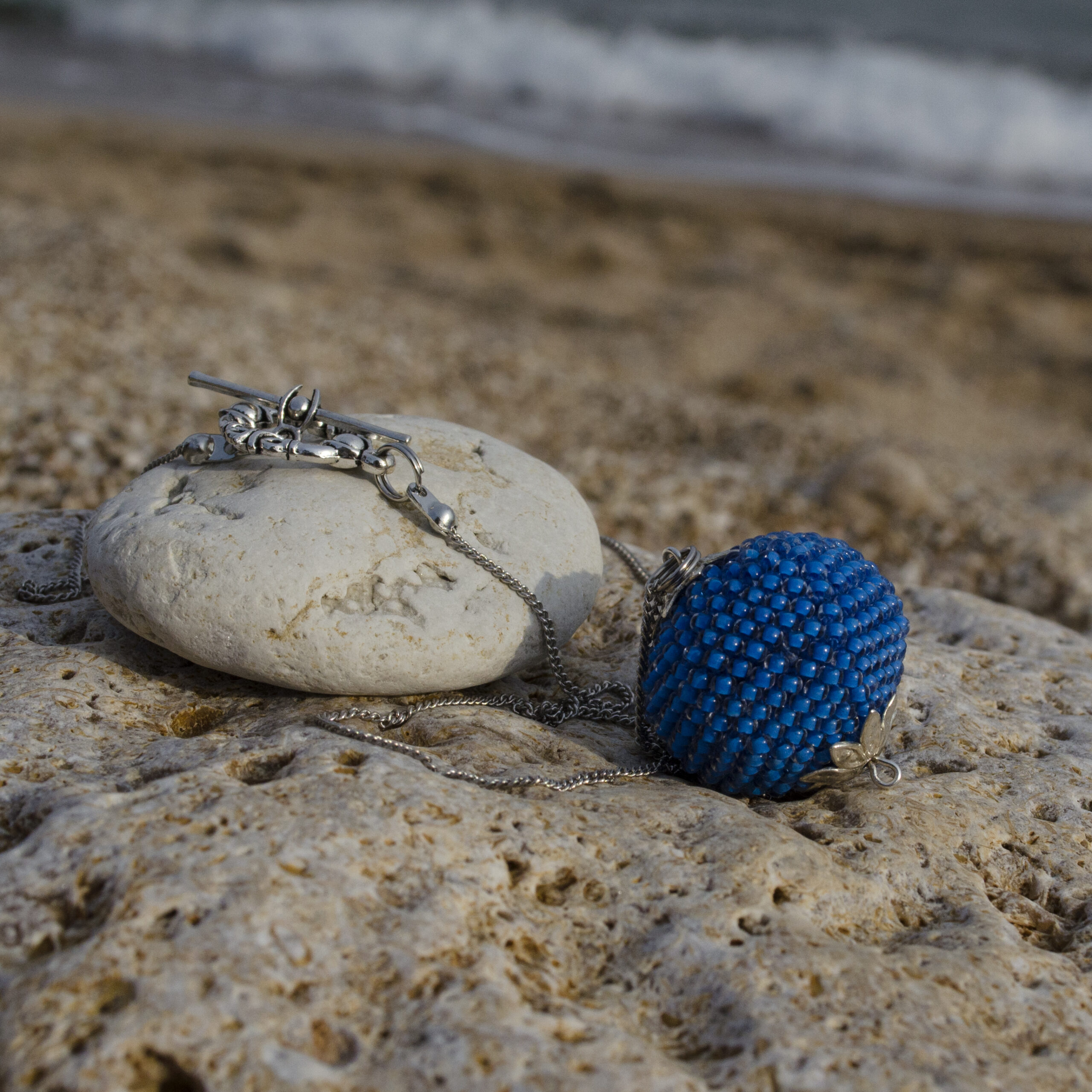 Large Round Beaded Solid Cobalt Blue Big Pendant Minimalist Necklace on Cute Toggle