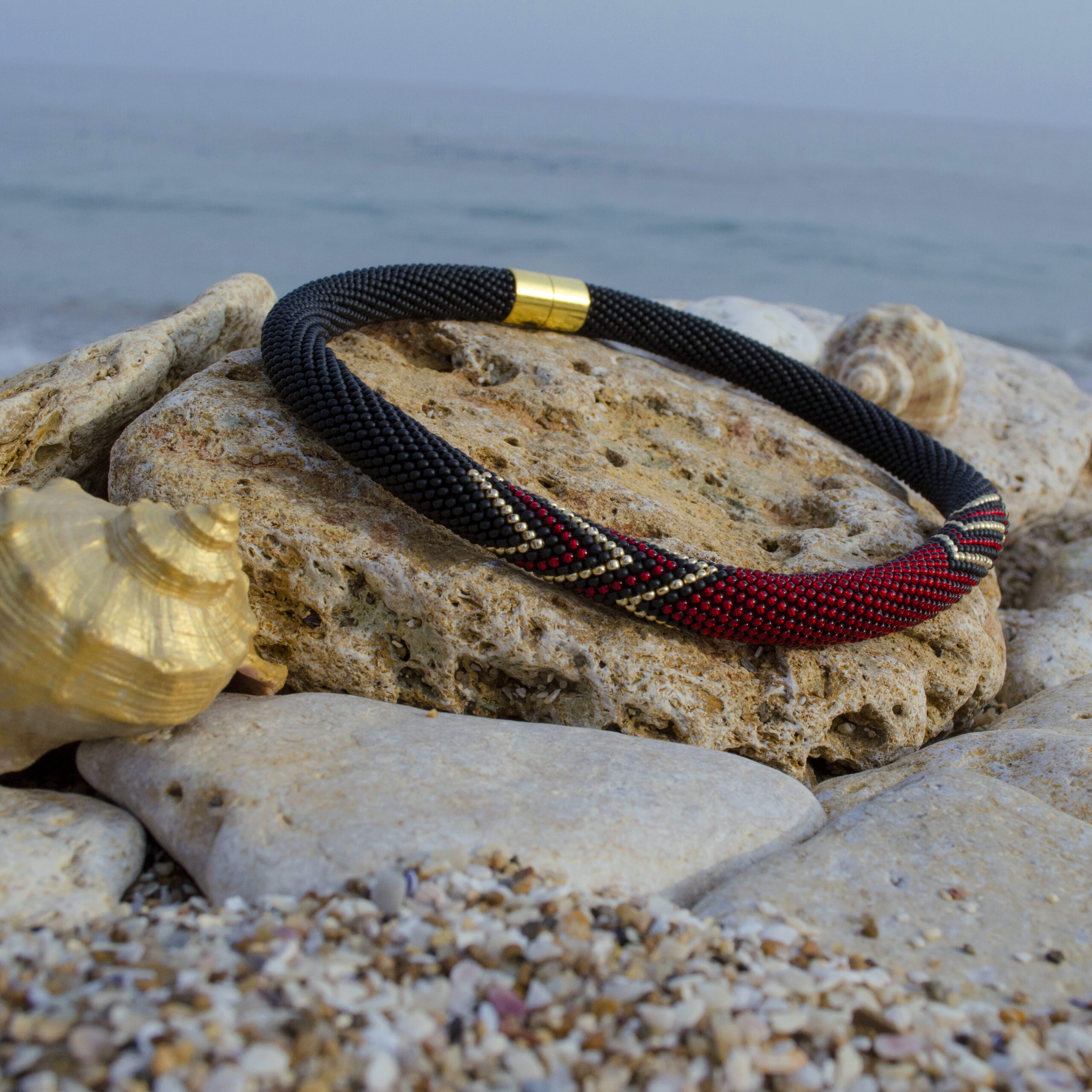 Matte Black Urban Necklace Geometric Crochet Lariat Casual Office Style Choker Crafted with Czech Seed Beads Magnetic Clasp Red Golden Beads - Image 11