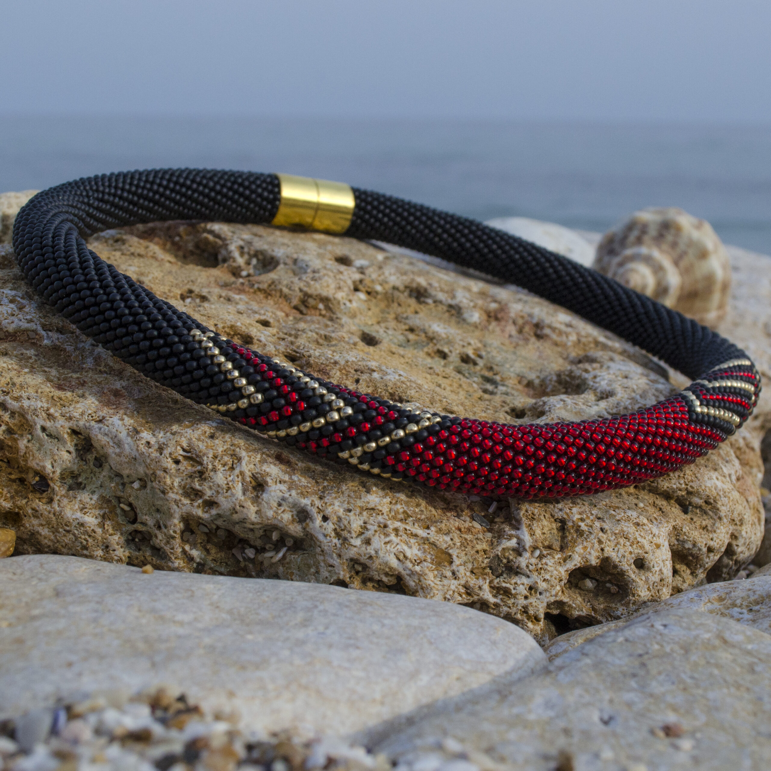 Matte Black Urban Necklace Geometric Crochet Lariat Casual Office Style Choker Crafted with Czech Seed Beads Magnetic Clasp Red Golden Beads - Image 9