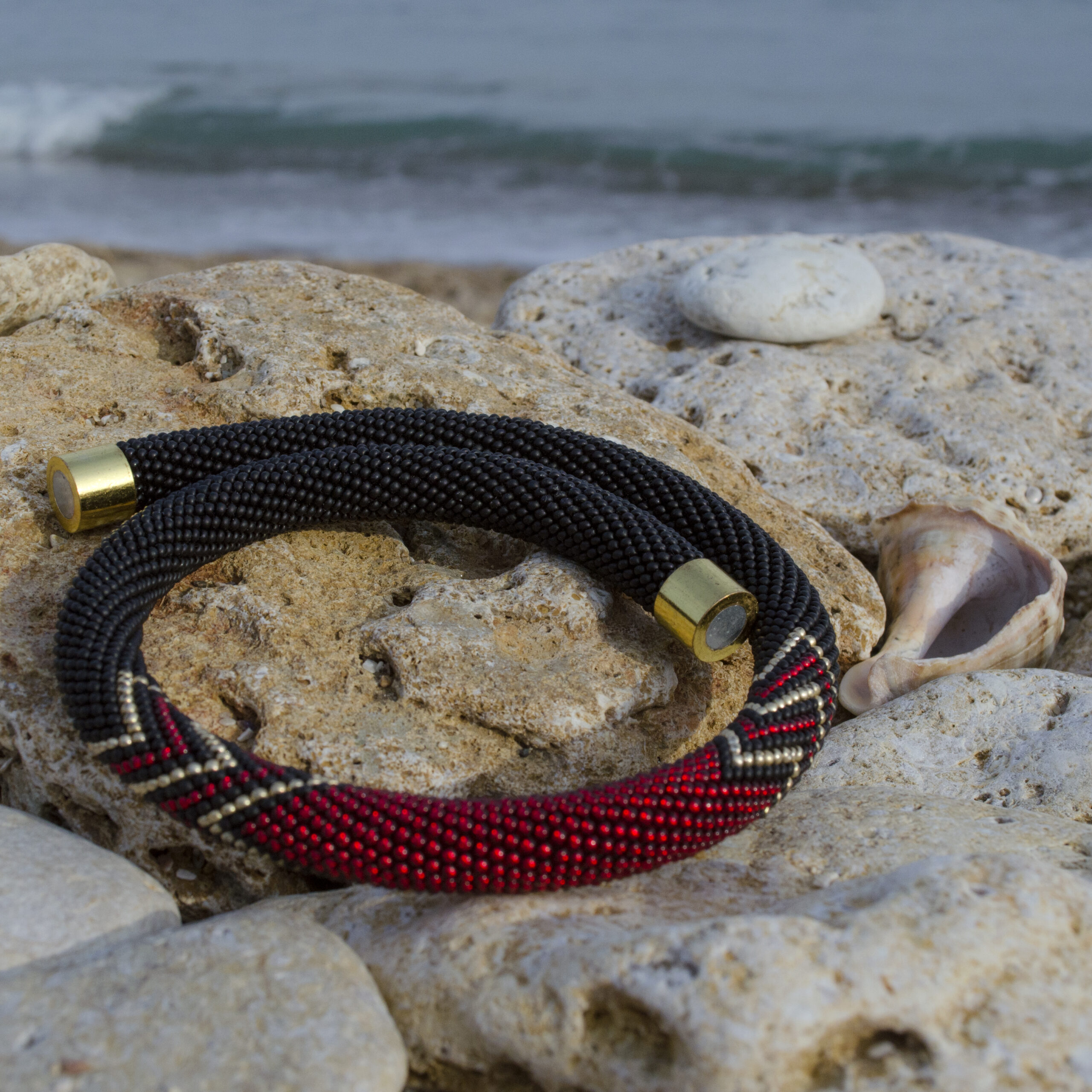 Matte Black Urban Necklace Geometric Crochet Lariat Casual Office Style Choker Crafted with Czech Seed Beads Magnetic Clasp Red Golden Beads - Image 8