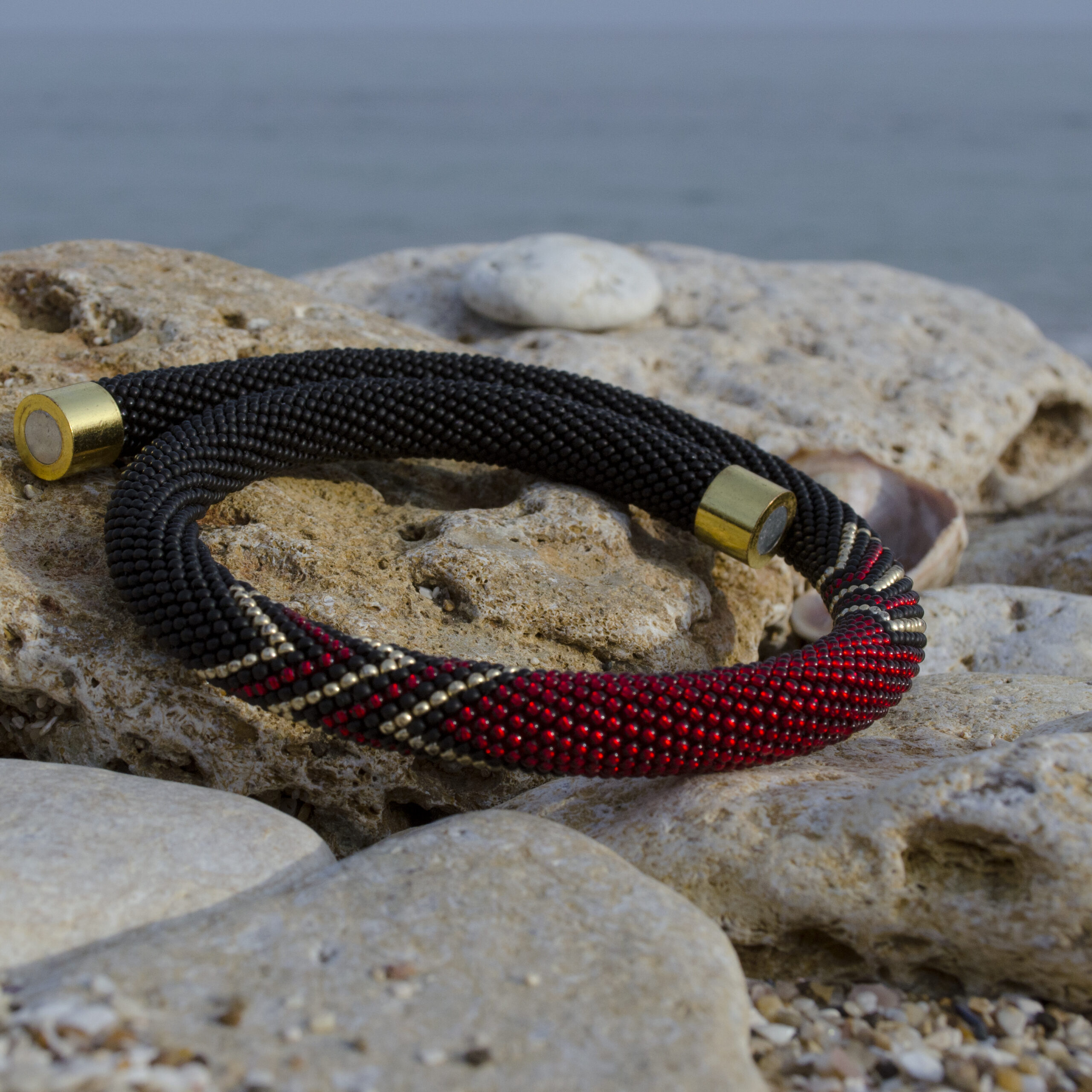 Matte Black Urban Necklace Geometric Crochet Lariat Casual Office Style Choker Crafted with Czech Seed Beads Magnetic Clasp Red Golden Beads - Image 7