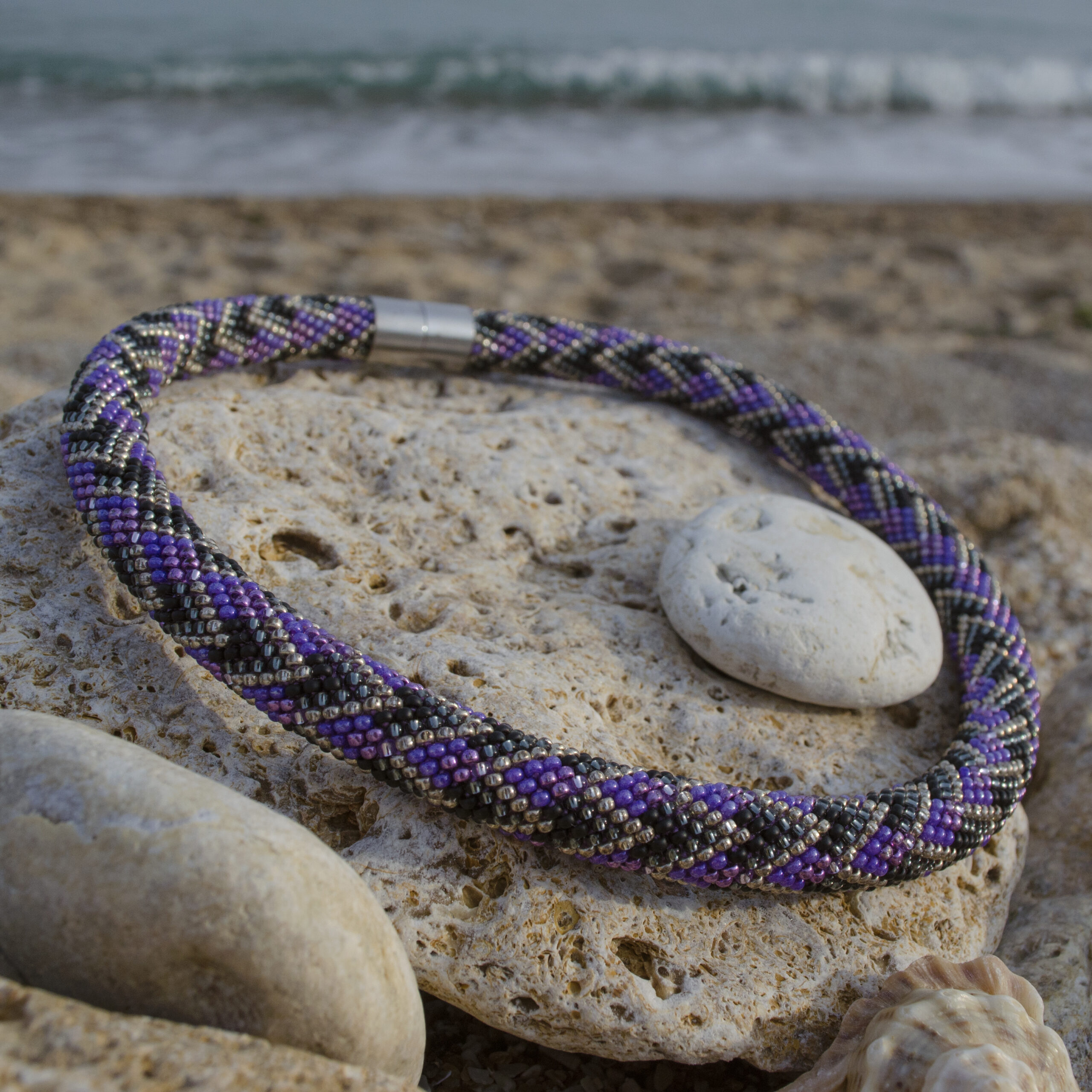 Violet Black Statement Necklace Crochet Rope Bold Geometric Choker with Glass Seed Beads Magnetic Clasp Boho Style Handcrafted Eco Jewelry - Image 9