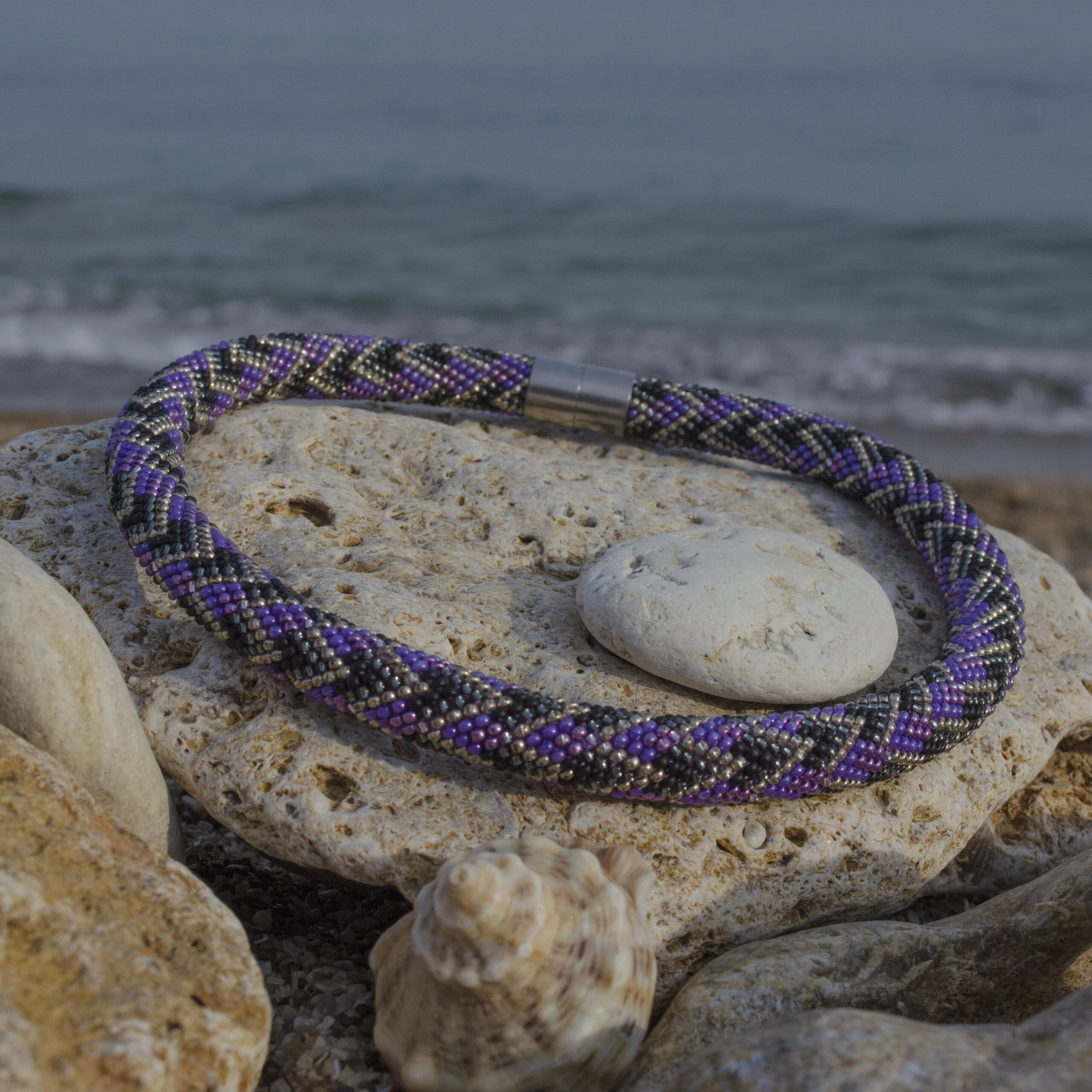 Violet Black Statement Necklace Crochet Rope Bold Geometric Choker with Glass Seed Beads Magnetic Clasp Boho Style Handcrafted Eco Jewelry - Image 8