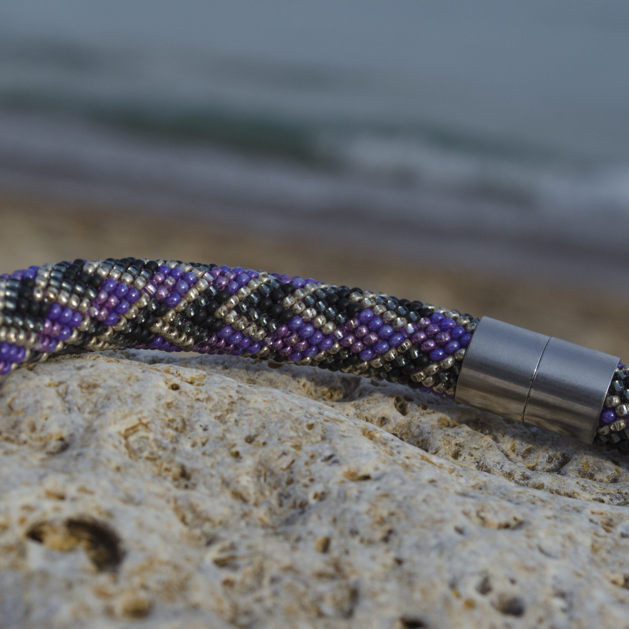 Violet Black Statement Necklace Crochet Rope Bold Geometric Choker with Glass Seed Beads Magnetic Clasp Boho Style Handcrafted Eco Jewelry - Image 7