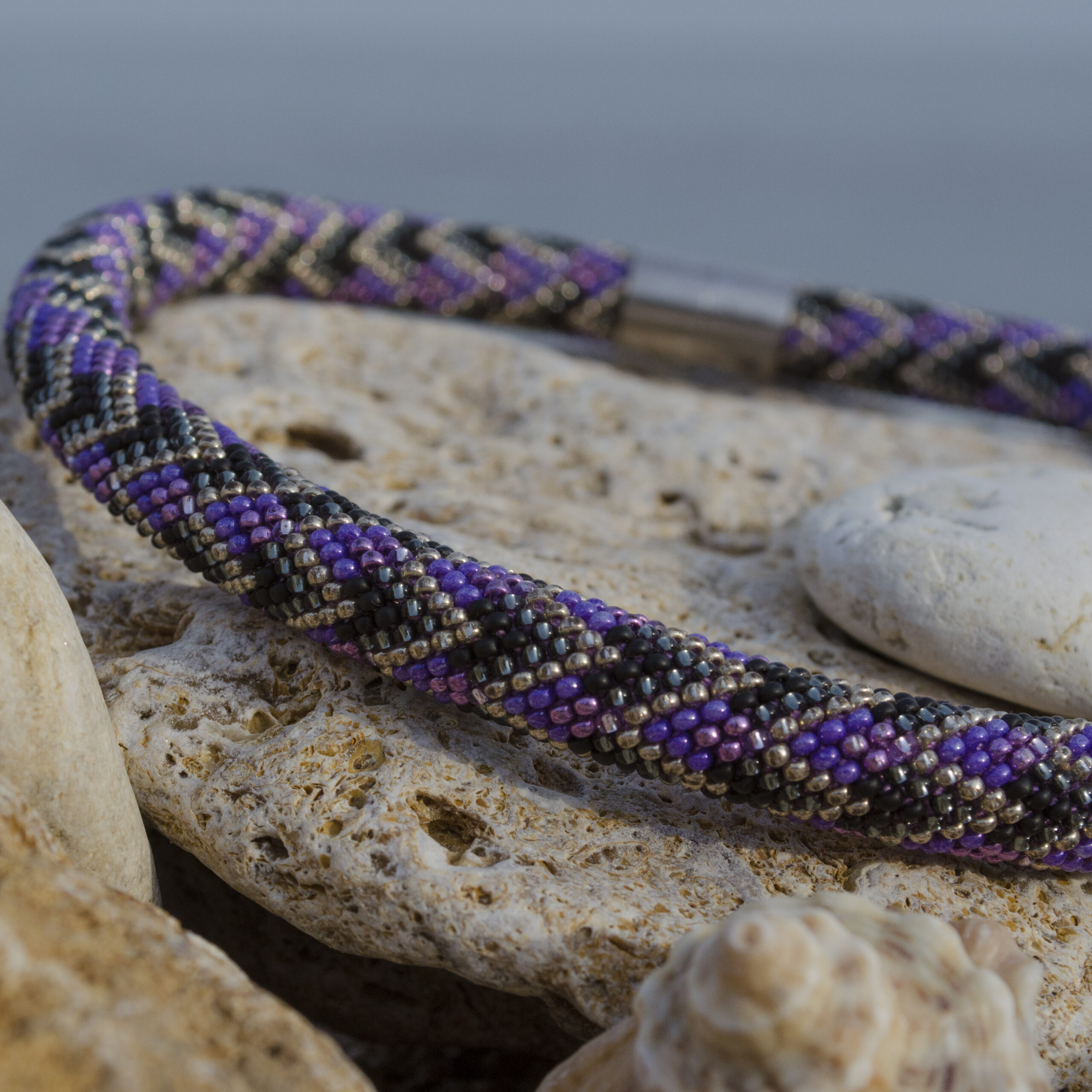 Violet Black Statement Necklace Crochet Rope Bold Geometric Choker with Glass Seed Beads Magnetic Clasp Boho Style Handcrafted Eco Jewelry - Image 6