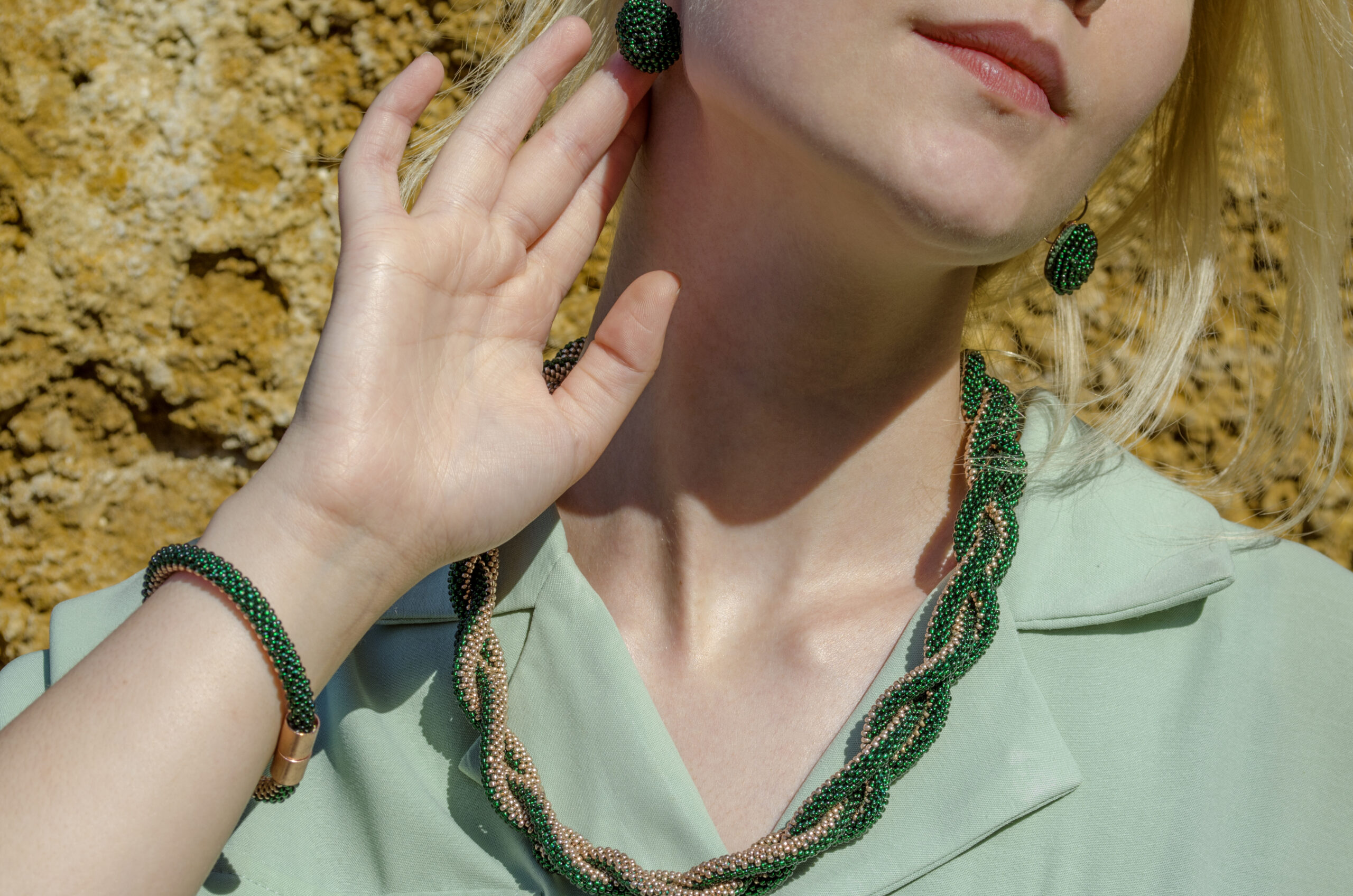 Braided Green Golden Jewelry Set 3 in 1 Massive Dainty Necklace Crochet Earrings Glass Seed Bead Bracelet Stylish Eco Friendly Gift for Her - Image 3
