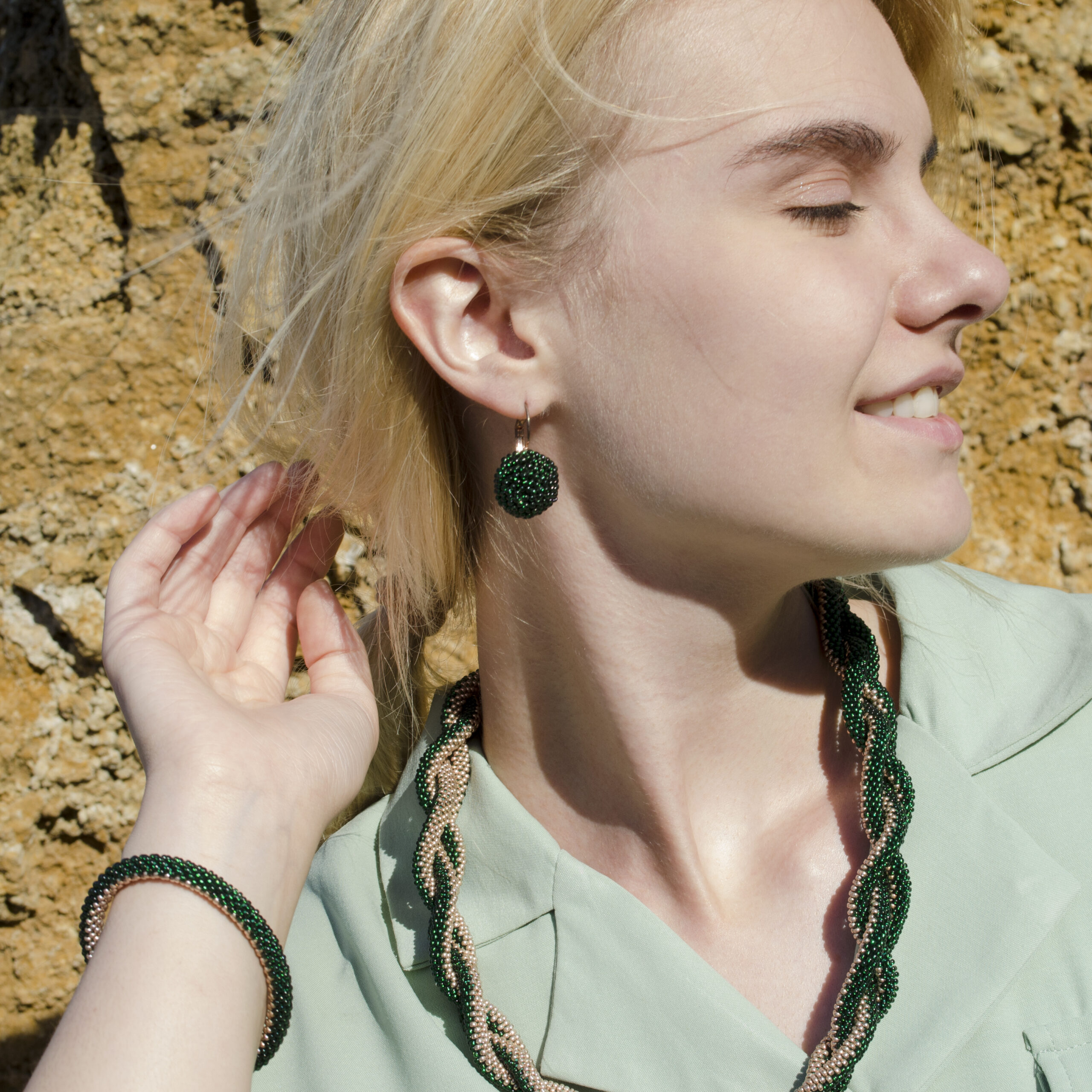 Braided Green Golden Jewelry Set 3 in 1 Massive Dainty Necklace