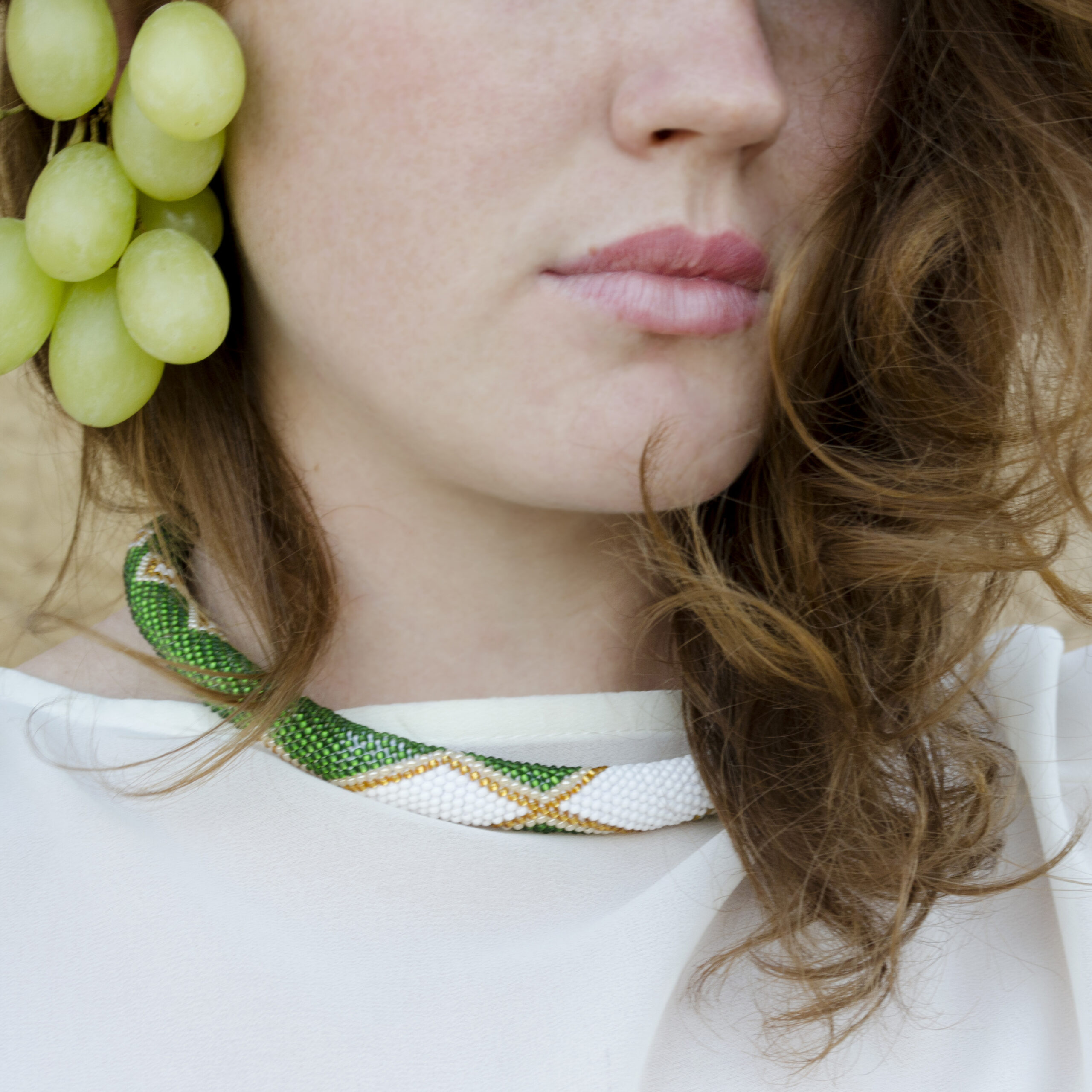 White Green Golden Statement Necklace Crochet Rope Casual Geometric Choker with Glass Seed Beads Magnetic Clasp Boho Beadwork Gift for Her - Image 5