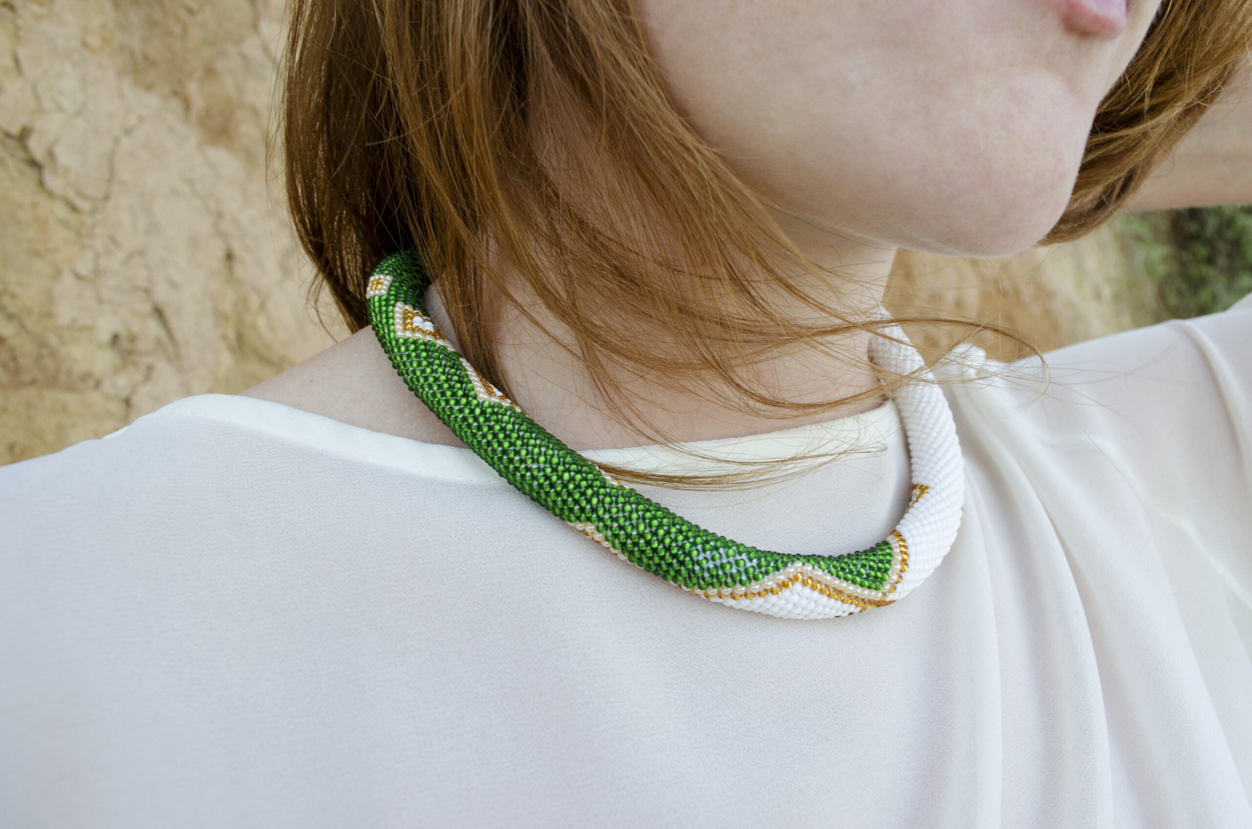 White Green Golden Statement Necklace Crochet Rope Casual Geometric Choker with Glass Seed Beads Magnetic Clasp Boho Beadwork Gift for Her - Image 4
