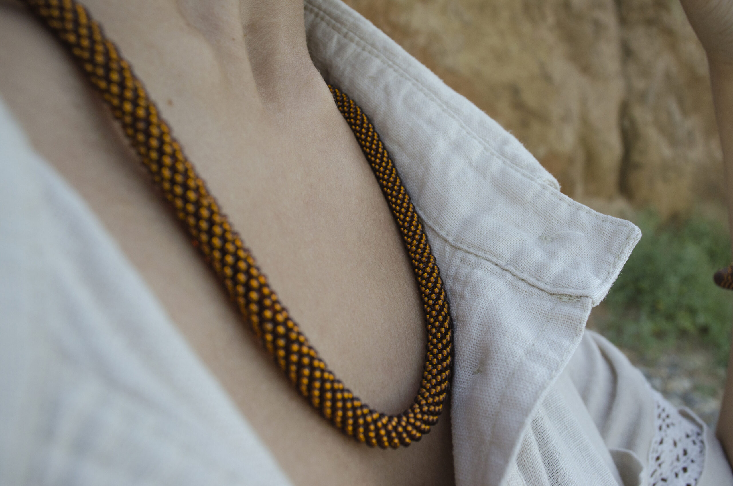 Caramel Jewelry Set 2 in 1 Dainty Transforming Many Ways Brown Necklace Crochet Glass Bangle Seed Bead 3 Wrap Bracelet Woven Boho Style Rope - Image 10