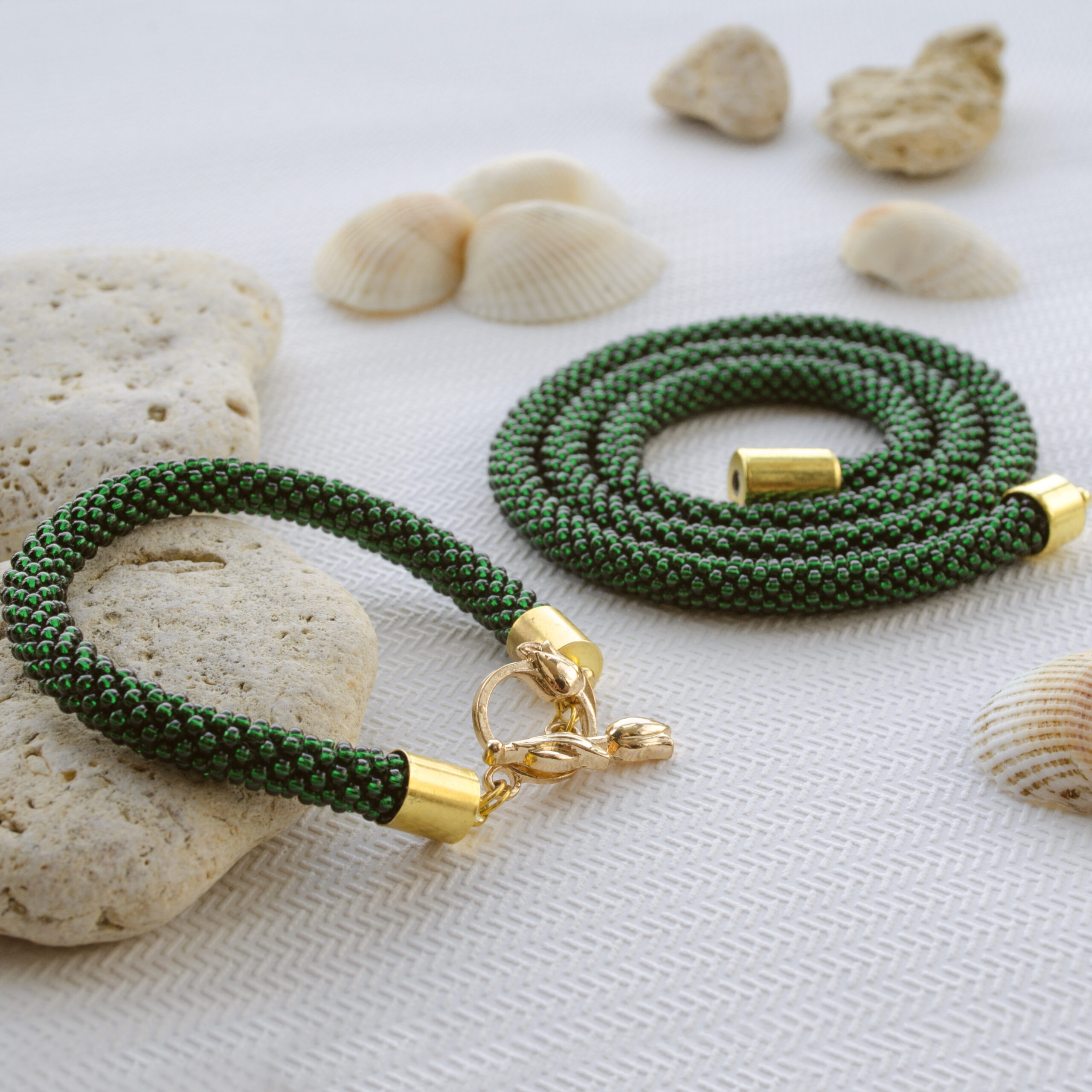 Dark Green Emerald Jewelry Set 2 in 1 Elegant Necklace Crochet Armband Seed Bead Bracelet Unique Handwoven Stylish Minimalist Gift for Woman - Image 9