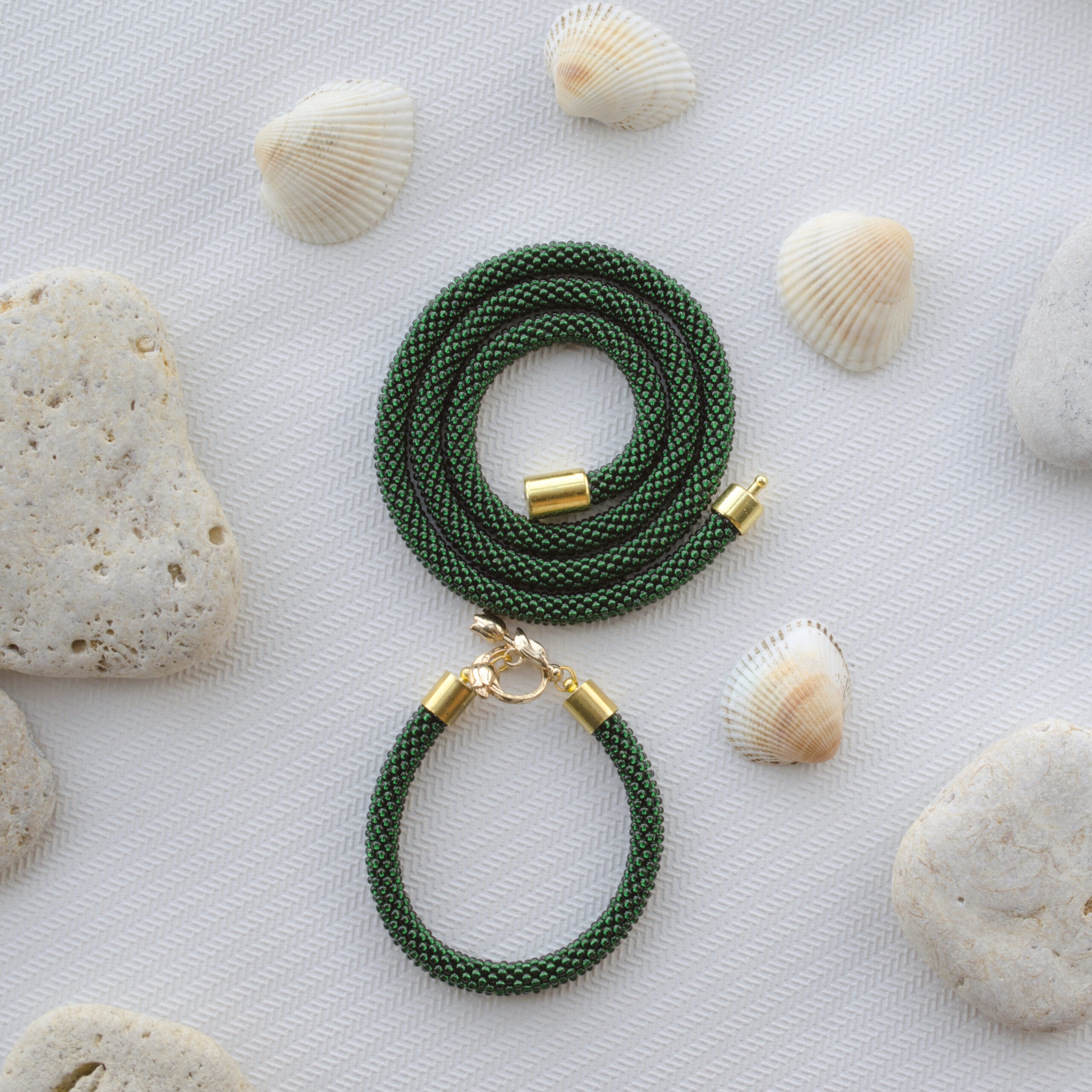 Dark Green Emerald Jewelry Set 2 in 1 Elegant Necklace Crochet Armband Seed Bead Bracelet Unique Handwoven Stylish Minimalist Gift for Woman - Image 8